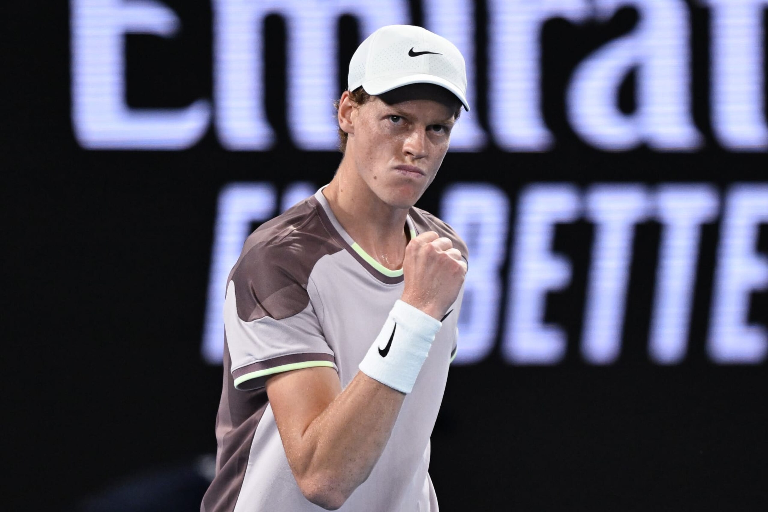 MELBOURNE, AUSTRALIA - JANUARY 23: Jannik Sinner in action during his Quarter Final match at the Australian Open grand slam tennis tournament at Melbourne Park in Melbourne, Australia on January 23, 2024 (Photo by Stringer/Anadolu via Getty Images)
