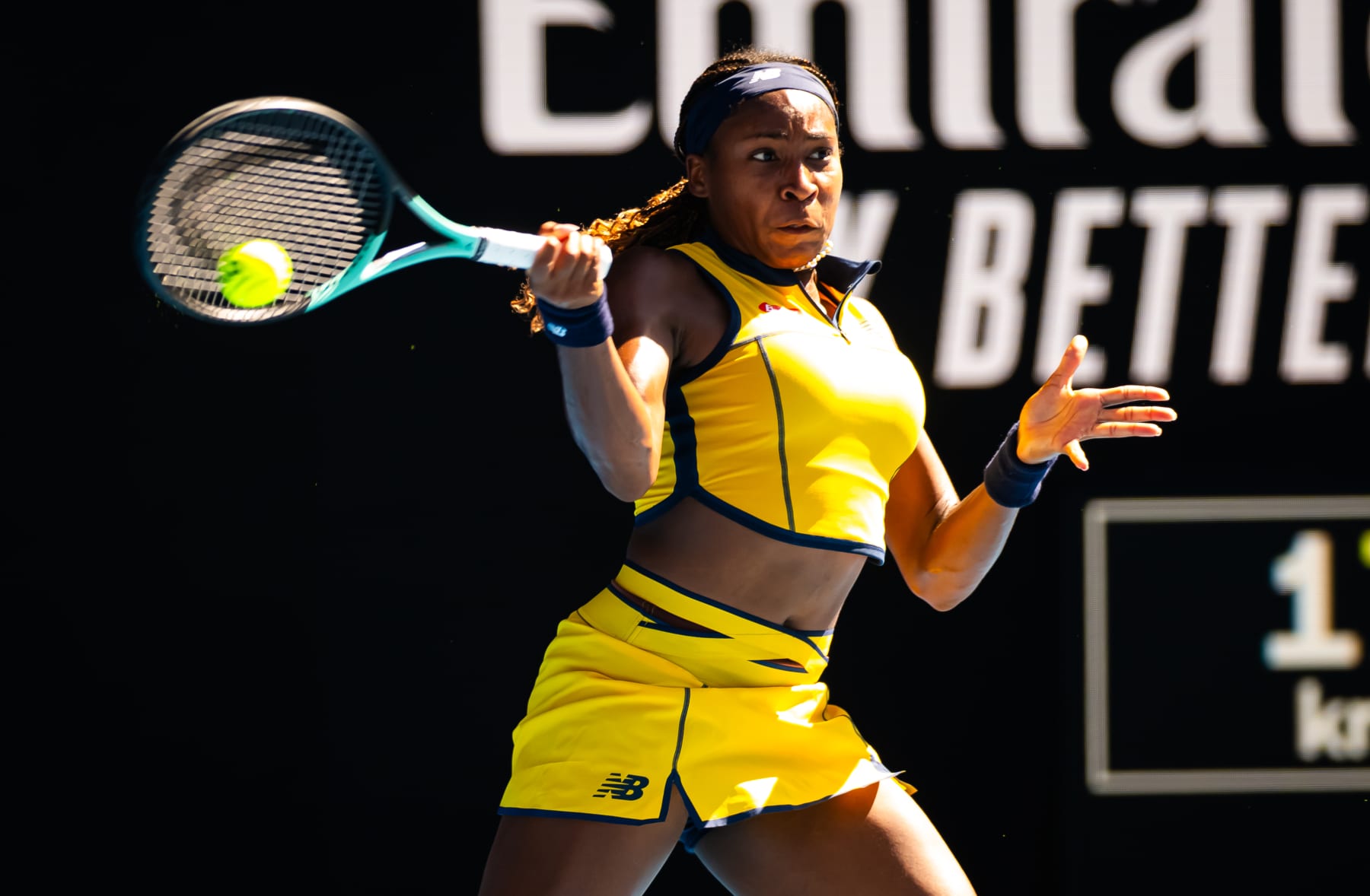 MELBOURNE, AUSTRALIA - JANUARY 23: Coco Gauff of the United States in action against Marta Kostyuk of Ukraine in the women's singles quarter-final match on Day 10 of the 2024 Australian Open at Melbourne Park on January 23, 2024 in Melbourne, Australia. (Photo by Robert Prange/Getty Images)
