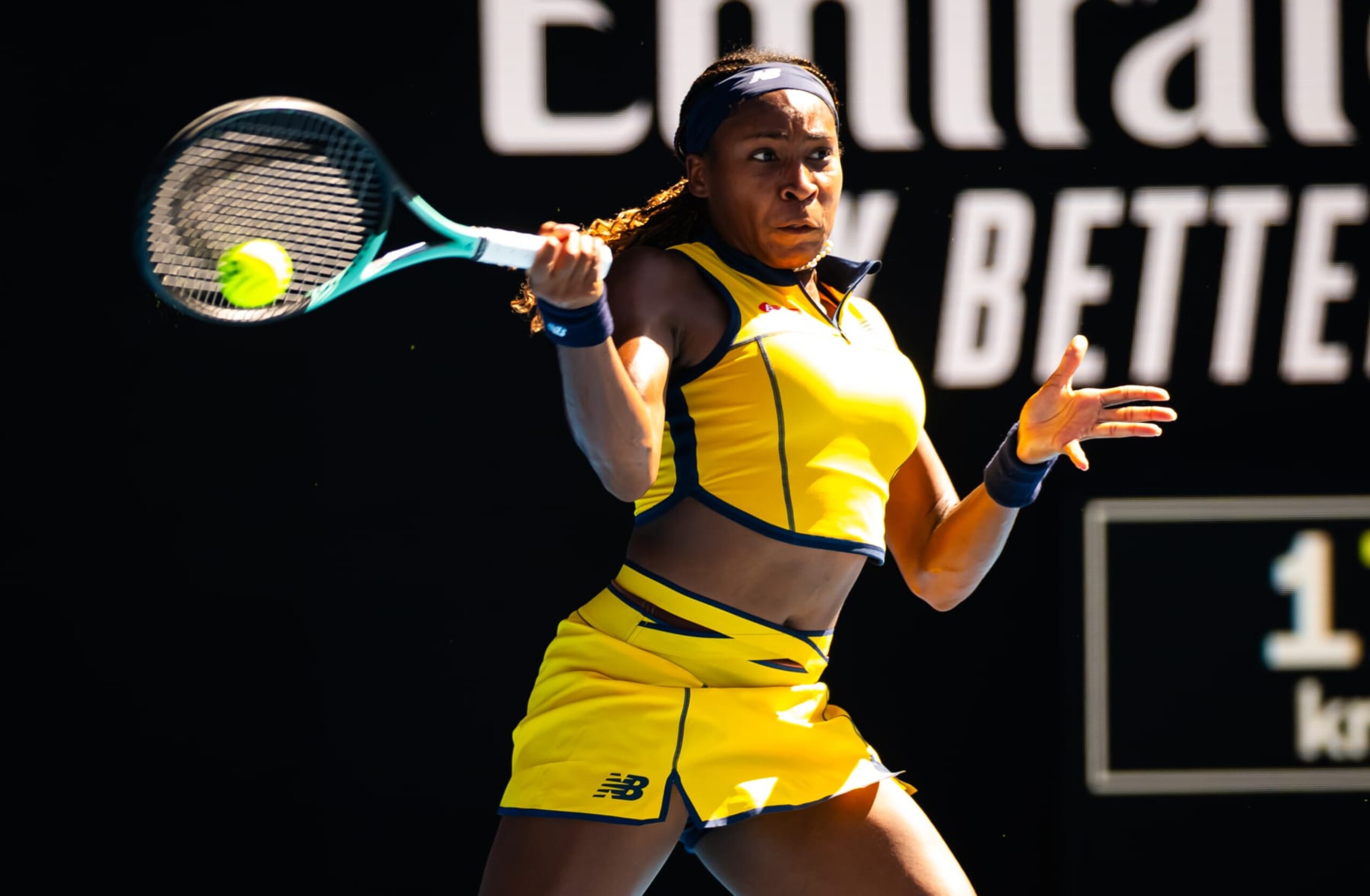 MELBOURNE, AUSTRALIA - JANUARY 23: Coco Gauff of the United States in action against Marta Kostyuk of Ukraine in the women's singles quarter-final match on Day 10 of the 2024 Australian Open at Melbourne Park on January 23, 2024 in Melbourne, Australia. (Photo by Robert Prange/Getty Images)