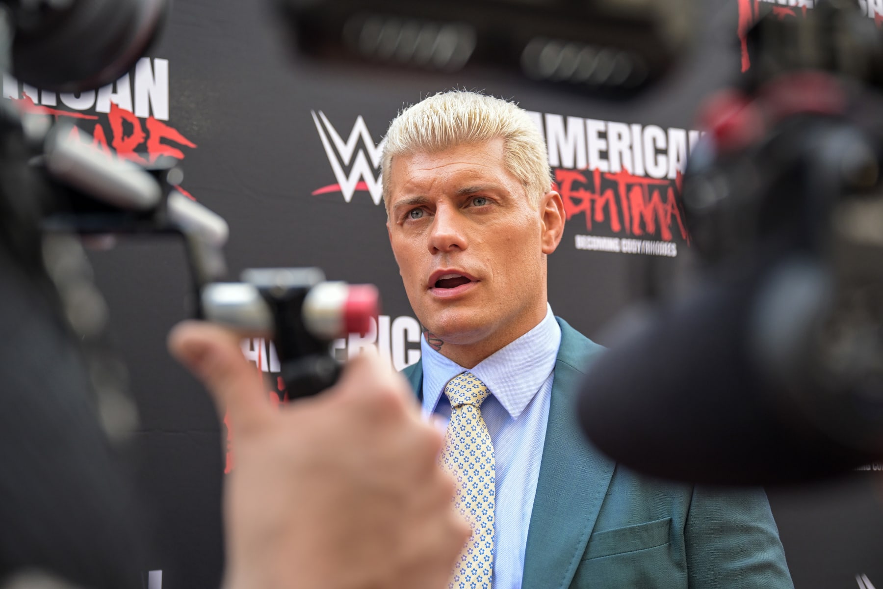 SANDY SPRINGS, GEORGIA - JULY 18: WWE Superstar Cody Rhodes arrives on the red carpet for the premiere of the Peacock original WWE documentary "American Nightmare: Becoming Cody Rhodes" on July 18, 2023 in Sandy Springs, Georgia. (Photo by WWE via Getty Images)