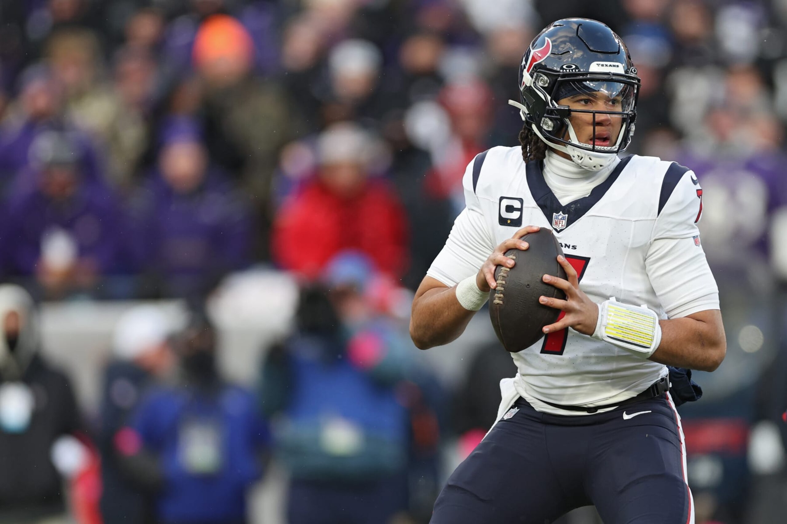 BALTIMORE, MARYLAND - JANUARY 20: Quarterback C.J. Stroud #7 of the Houston Texans passes the ball against the Baltimore Ravens in the AFC Divisional Playoff game at M&T Bank Stadium on January 20, 2024 in Baltimore, Maryland. (Photo by Patrick Smith/Getty Images) BALTIMORE, MARYLAND - JANUARY 20: Quarterback C.J. Stroud #7 of the Houston Texans passes the ball against the Baltimore Ravens in the AFC Divisional Playoff game at M&T Bank Stadium on January 20, 2024 in Baltimore, Maryland. (Photo by Patrick Smith/Getty Images)