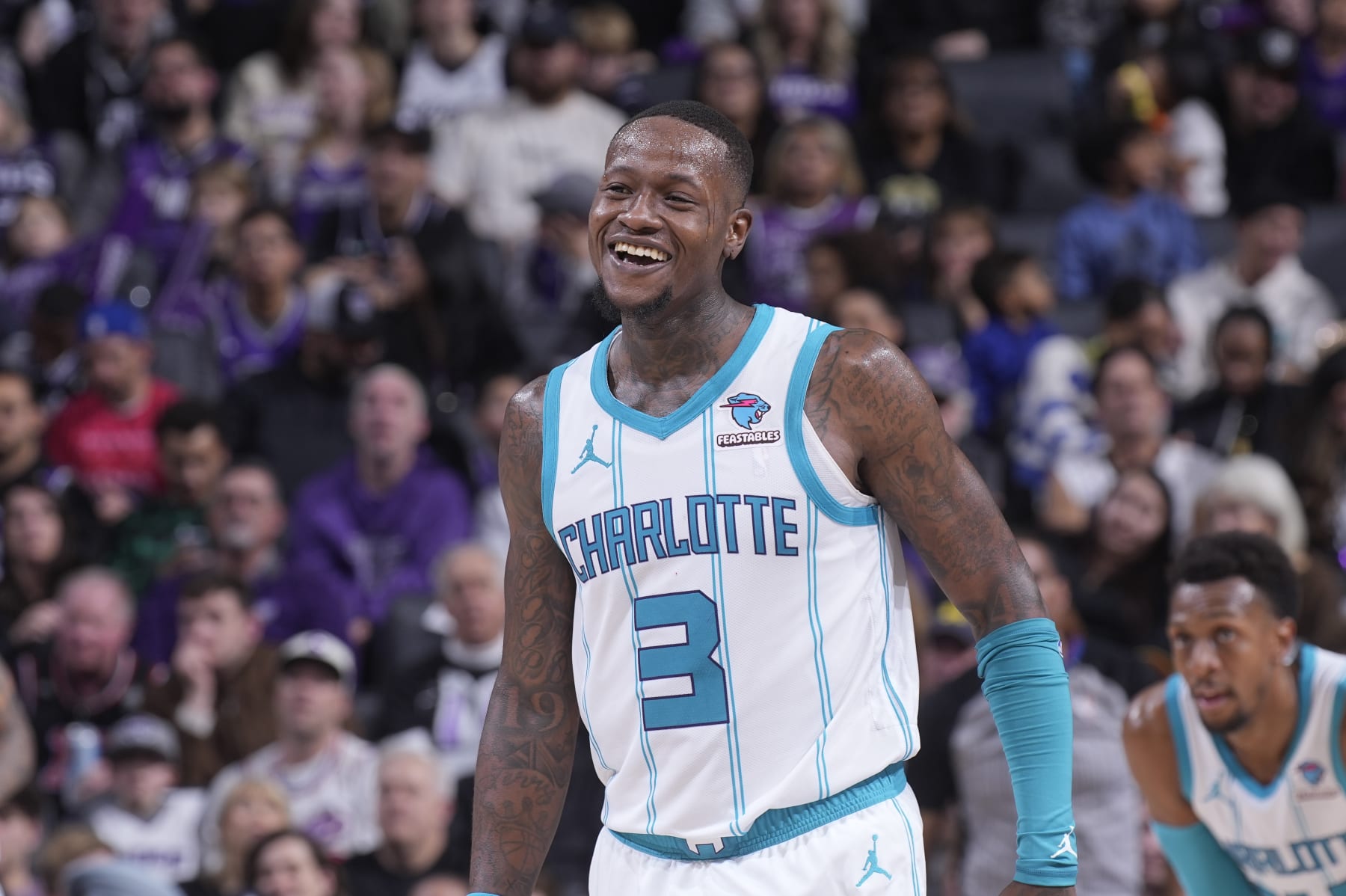 SACRAMENTO, CA - JANUARY 2: Terry Rozier #3 of the Charlotte Hornets looks on during the game against the Sacramento Kings on January 2, 2024 at Golden 1 Center in Sacramento, California. NOTE TO USER: User expressly acknowledges and agrees that, by downloading and or using this photograph, User is consenting to the terms and conditions of the Getty Images Agreement. Mandatory Copyright Notice: Copyright 2024 NBAE (Photo by Rocky Widner/NBAE via Getty Images)