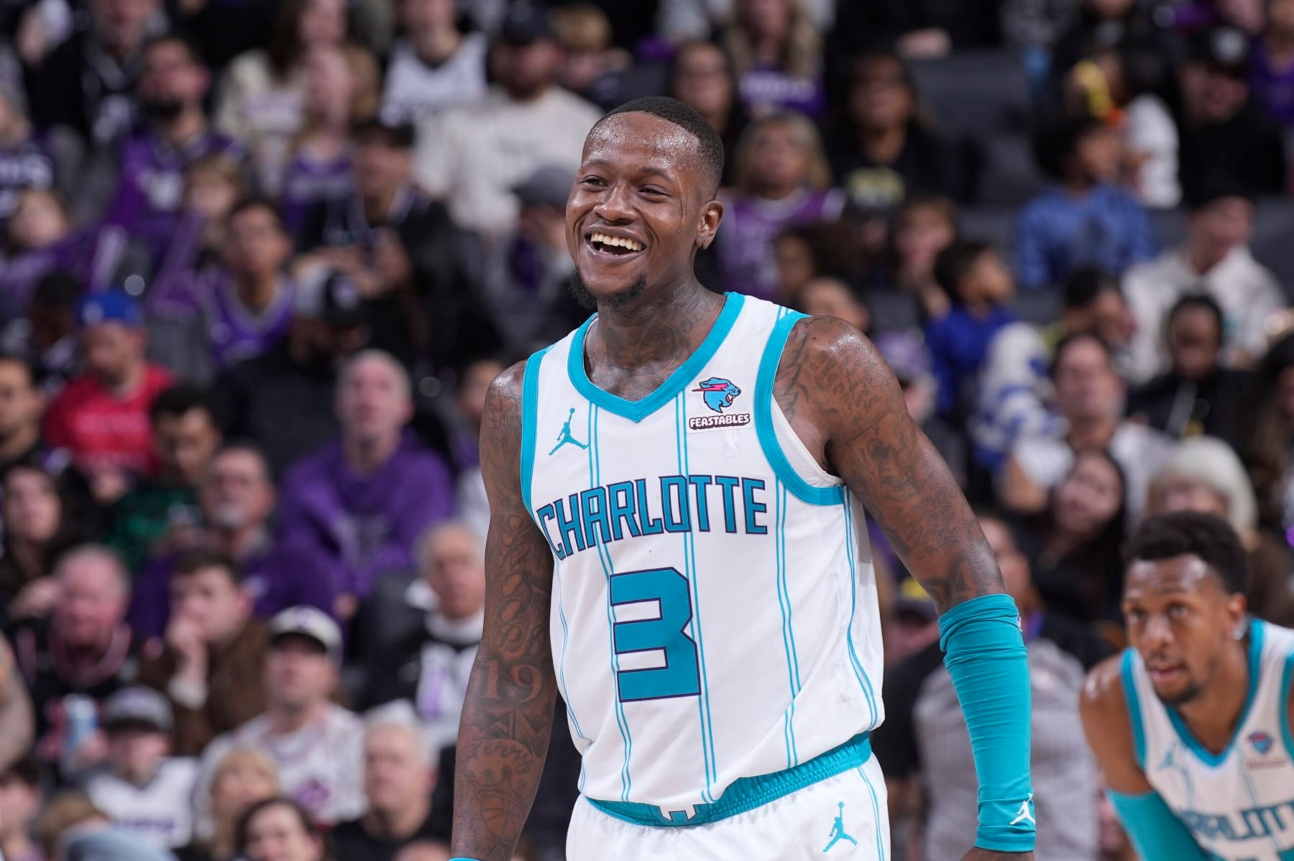 SACRAMENTO, CA - JANUARY 2: Terry Rozier #3 of the Charlotte Hornets looks on during the game against the Sacramento Kings on January 2, 2024 at Golden 1 Center in Sacramento, California. NOTE TO USER: User expressly acknowledges and agrees that, by downloading and or using this photograph, User is consenting to the terms and conditions of the Getty Images Agreement. Mandatory Copyright Notice: Copyright 2024 NBAE (Photo by Rocky Widner/NBAE via Getty Images)