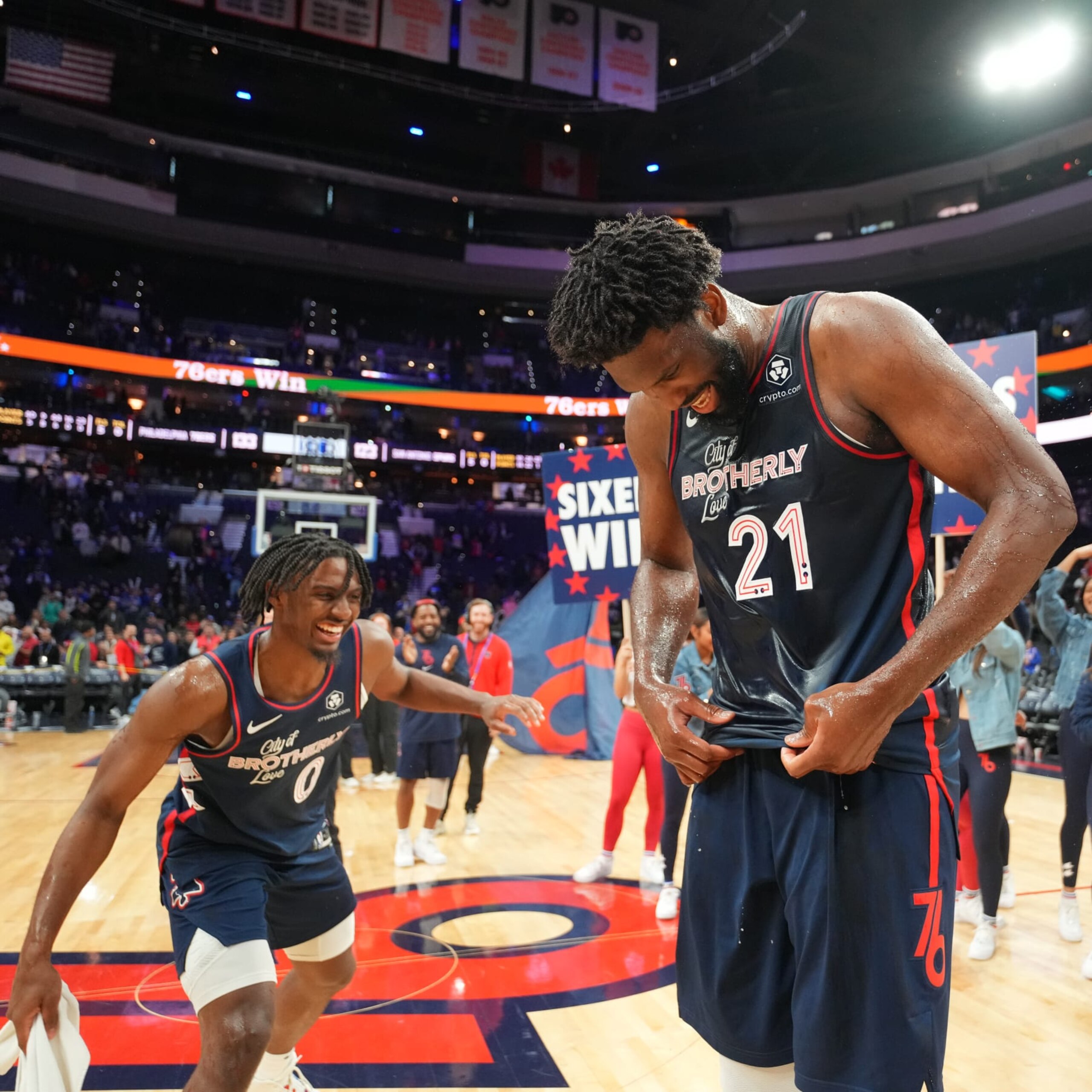 PHILADELPHIA, PA - JANUARY 22: Joel Embiid #21 of the Philadelphia 76ers celebrates with teammates after setting a new franchise record of 70 points during the game against the San Antonio Spurs on January 22, 2024 at the Wells Fargo Center in Philadelphia, Pennsylvania NOTE TO USER: User expressly acknowledges and agrees that, by downloading and/or using this Photograph, user is consenting to the terms and conditions of the Getty Images License Agreement. Mandatory Copyright Notice: Copyright 2024 NBAE (Photo by Jesse D. Garrabrant/NBAE via Getty Images)