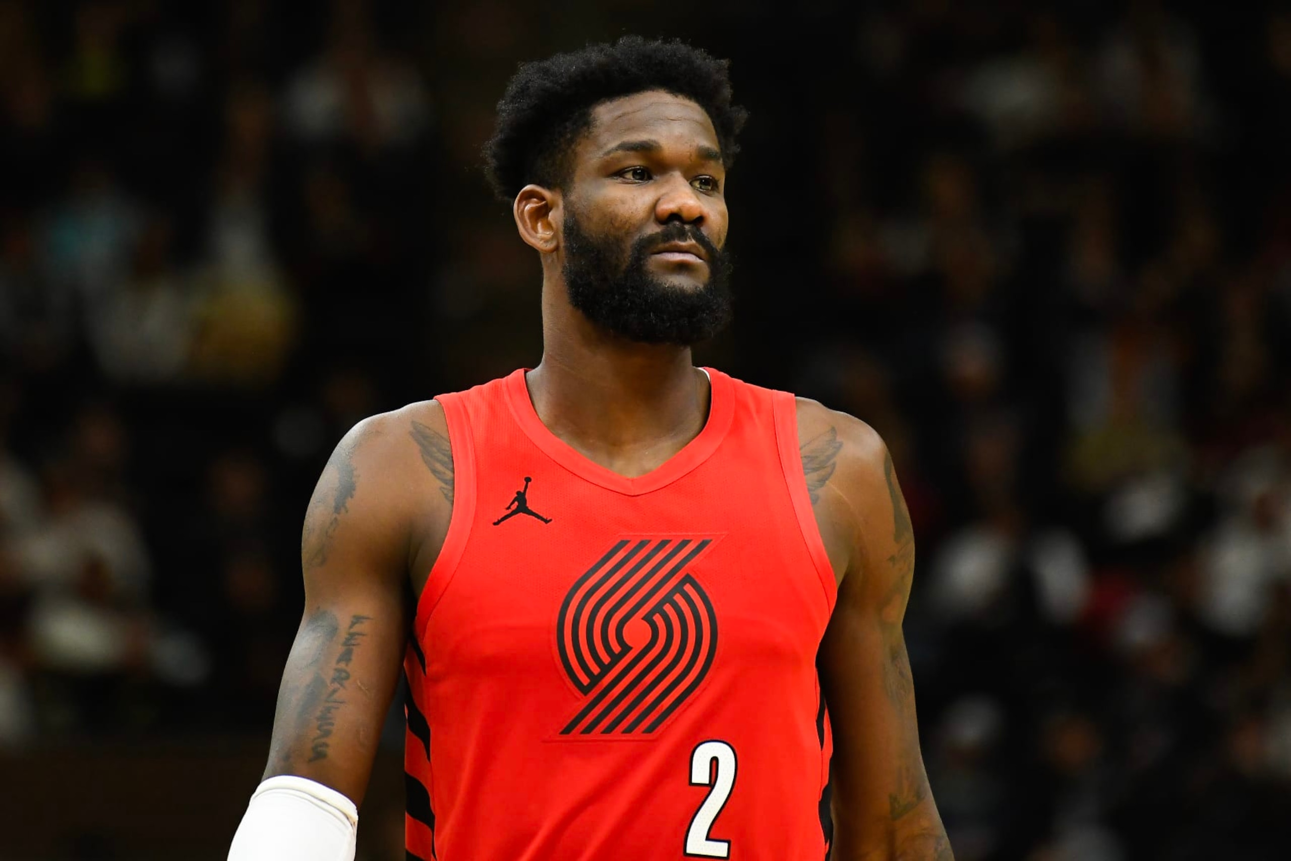 SALT LAKE CITY, UTAH - DECEMBER 02: Deandre Ayton #2 of the Portland Trail Blazers looks on during the second half of a game against the Utah Jazz at Delta Center on December 02, 2023 in Salt Lake City, Utah. NOTE TO USER: User expressly acknowledges and agrees that, by downloading and or using this photograph, User is consenting to the terms and conditions of the Getty Images License Agreement. (Photo by Alex Goodlett/Getty Images)