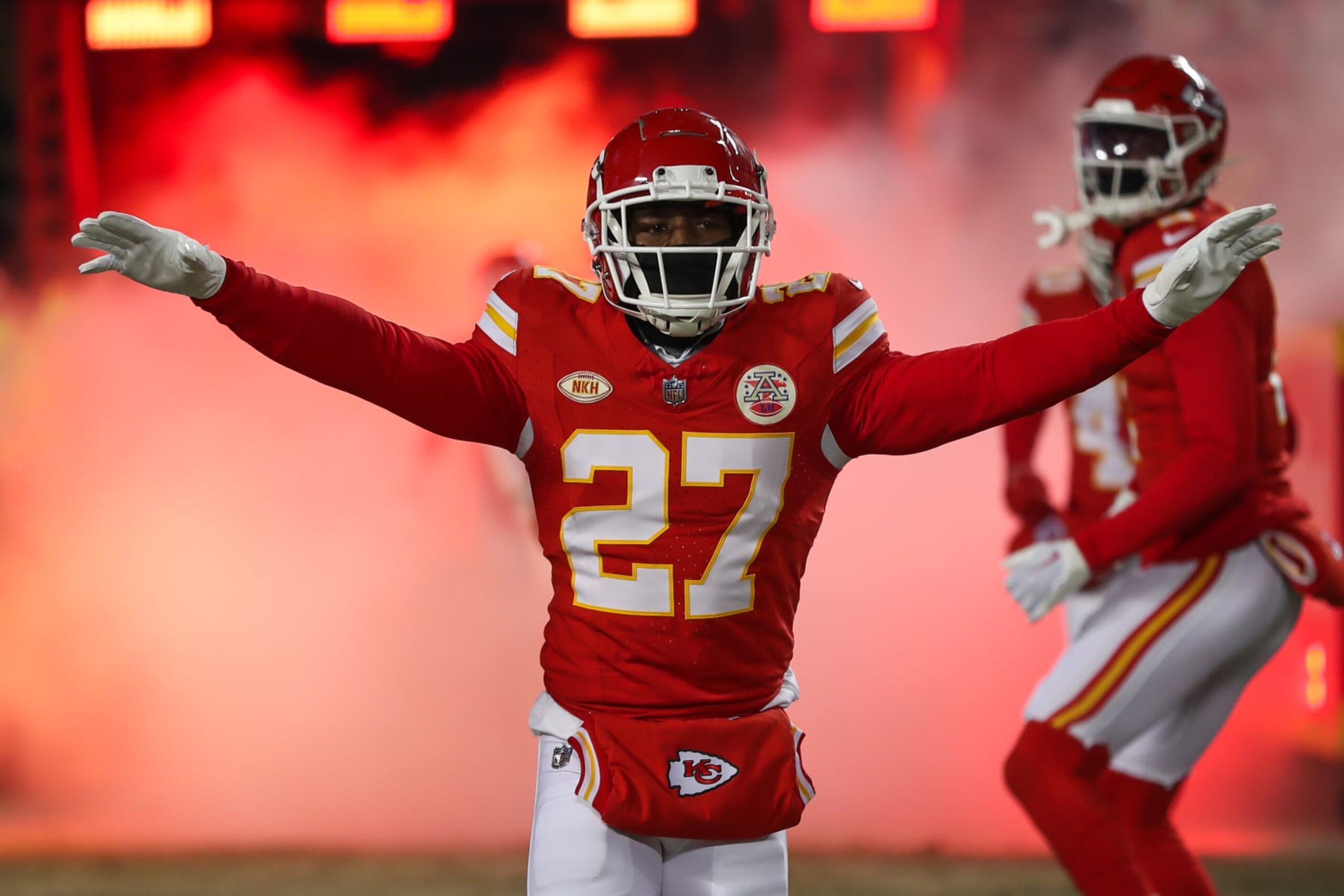 KANSAS CITY, MO - JANUARY 13: Kansas City Chiefs safety Chamarri Conner (27) runs onto the field before an AFC Wild Card playoff game between the Miami Dolphins and Kansas City Chiefs on Jan 13, 2024 at GEHA Field at Arrowhead Stadium in Kansas City, MO. (Photo by Scott Winters/Icon Sportswire via Getty Images) KANSAS CITY, MO - JANUARY 13: Kansas City Chiefs safety Chamarri Conner (27) runs onto the field before an AFC Wild Card playoff game between the Miami Dolphins and Kansas City Chiefs on Jan 13, 2024 at GEHA Field at Arrowhead Stadium in Kansas City, MO. (Photo by Scott Winters/Icon Sportswire via Getty Images)