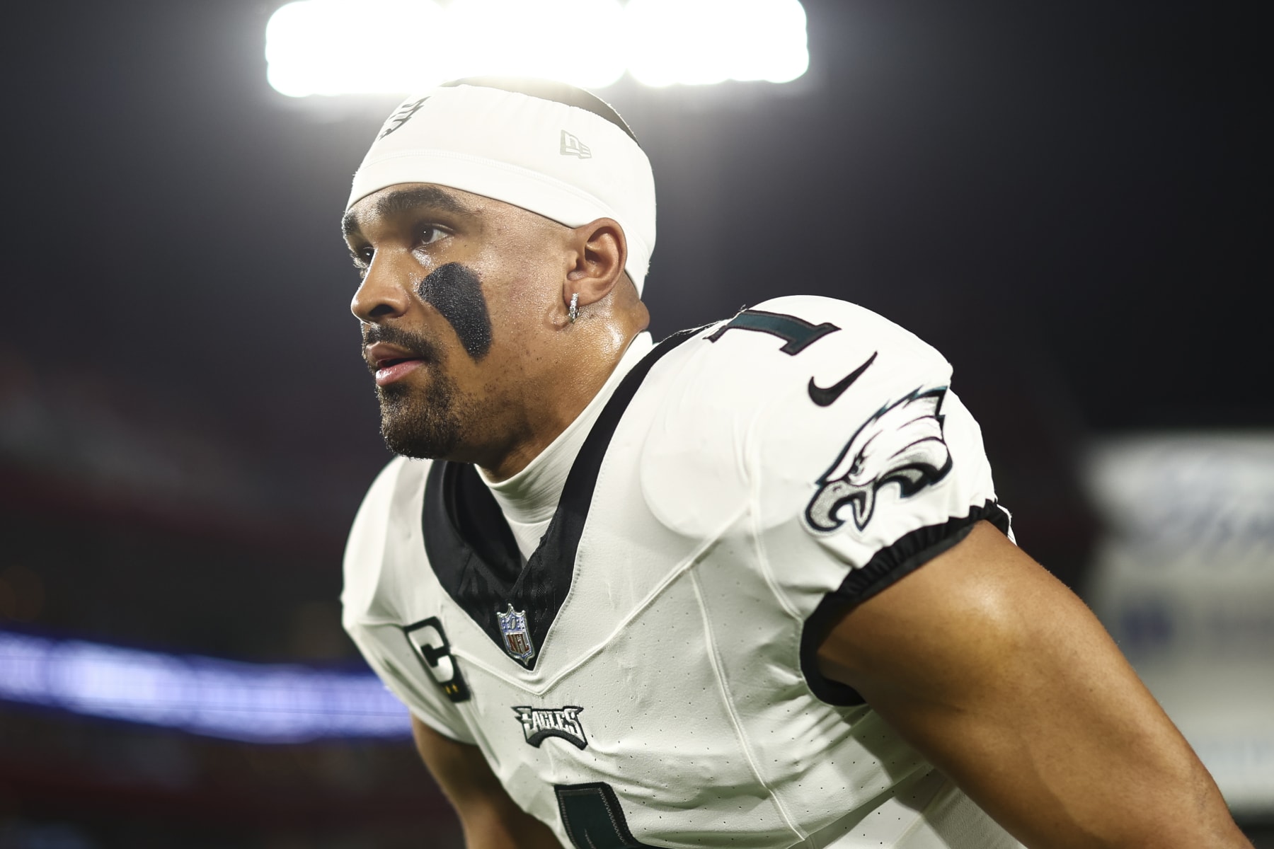 TAMPA, FL - JANUARY 15: Jalen Hurts #1 of the Philadelphia Eagles stretches prior to an NFL wild-card playoff football game against the Tampa Bay Buccaneers at Raymond James Stadium on January 15, 2024 in Tampa, Florida. (Photo by Kevin Sabitus/Getty Images)