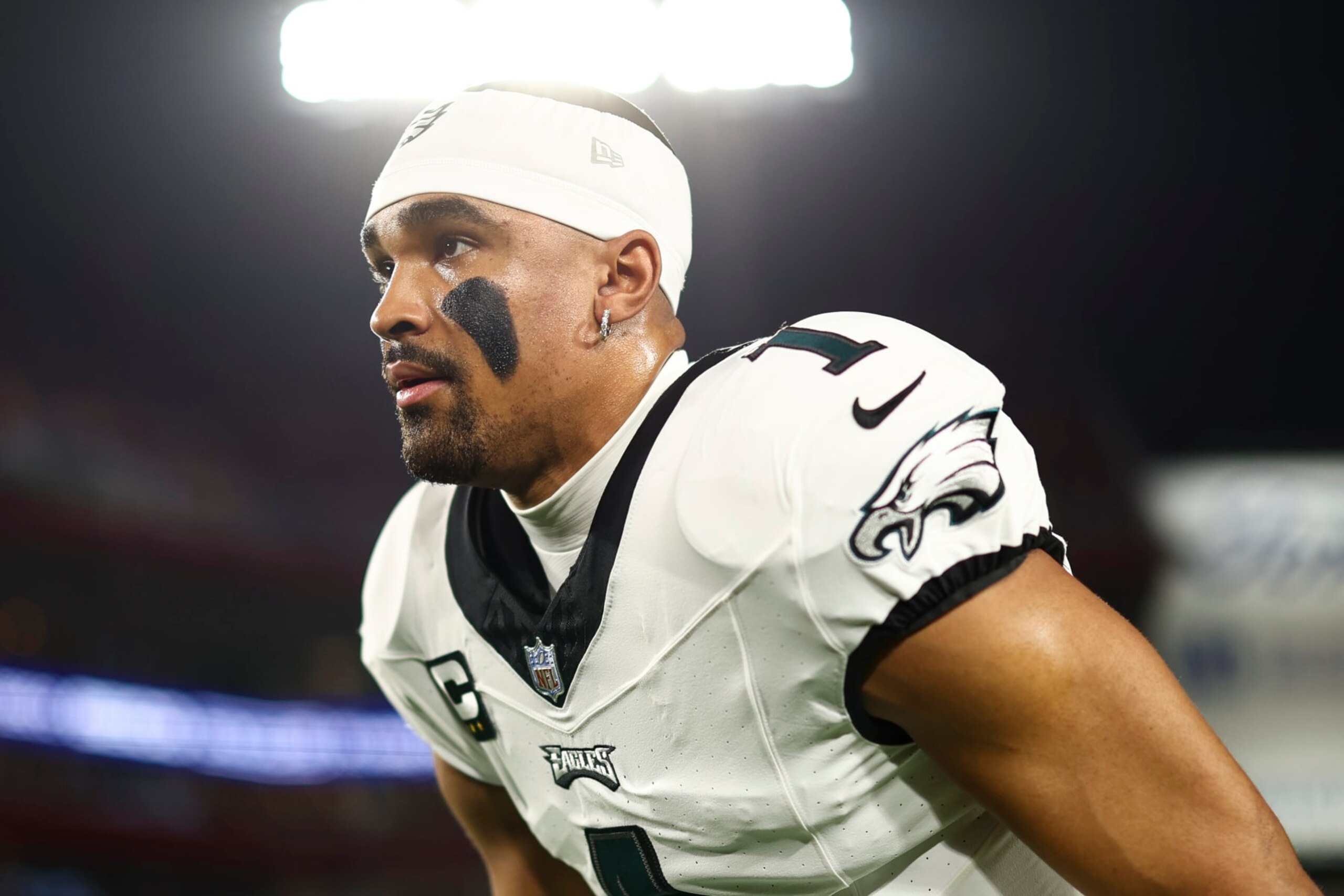 TAMPA, FL - JANUARY 15: Jalen Hurts #1 of the Philadelphia Eagles stretches prior to an NFL wild-card playoff football game against the Tampa Bay Buccaneers at Raymond James Stadium on January 15, 2024 in Tampa, Florida. (Photo by Kevin Sabitus/Getty Images)