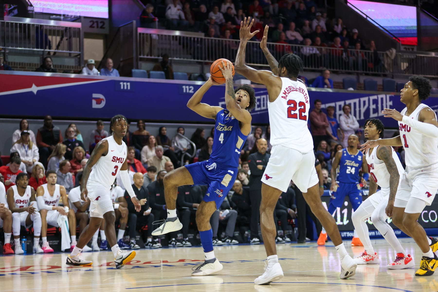 DALLAS, TX - JANUARY 20: Tulsa Golden Hurricane guard PJ Haggerty (4) goes to the basket during the game between SMU and Tulsa on January 20, 2024 at Moody Coliseum in Dallas, TX. (Photo by George Walker/Icon Sportswire via Getty Images)