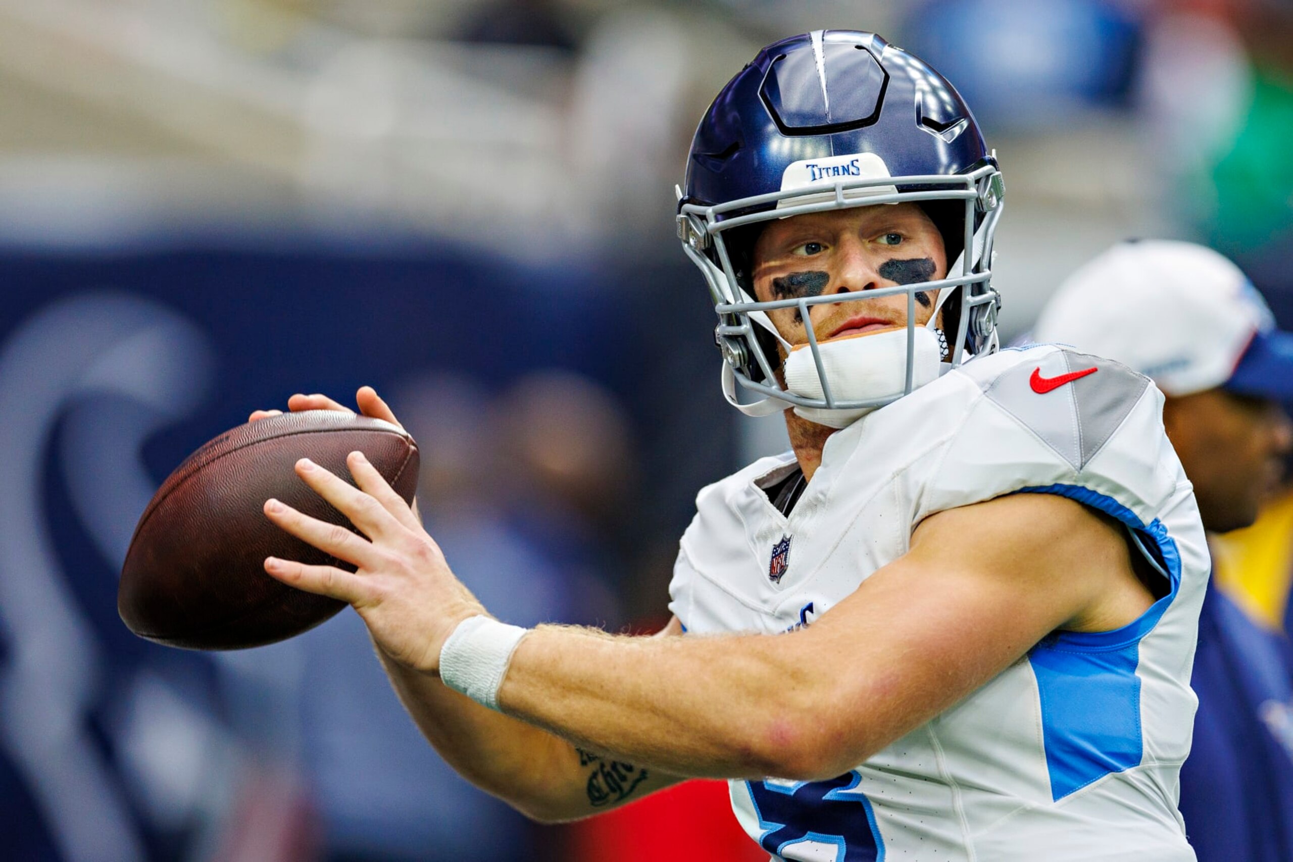 HOUSTON, TEXAS - DECEMBER 31: Will Levis #8 of the Tennessee Titans warms up before the game against the Houston Texans at NRG Stadium on December 31, 2023 in Houston, Texas. The Texans defeated the Titans 26-3.  (Photo by Wesley Hitt/Getty Images)