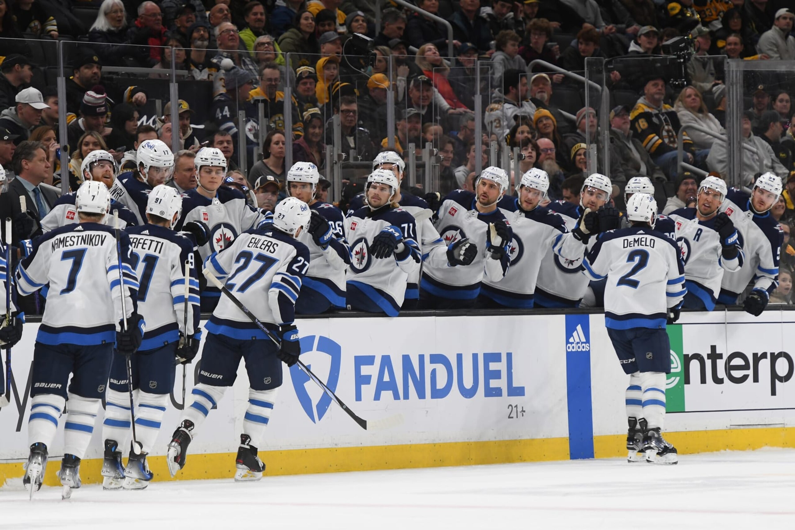 BOSTON, MASSACHUSETTS - JANUARY 22: Dylan DeMelo #2, Nikolaj Ehlers #27, Cole Perfetti #91 and Vladislav Namestnikov #7 of the Winnipeg Jets celebrate the first-period goal against the Boston Bruins at the TD Garden on January 22, 2024 in Boston, Massachusetts. (Photo by Steve Babineau/NHLI via Getty Images) BOSTON, MASSACHUSETTS - JANUARY 22: Dylan DeMelo #2, Nikolaj Ehlers #27, Cole Perfetti #91 and Vladislav Namestnikov #7 of the Winnipeg Jets celebrate the first-period goal against the Boston Bruins at the TD Garden on January 22, 2024 in Boston, Massachusetts. (Photo by Steve Babineau/NHLI via Getty Images)