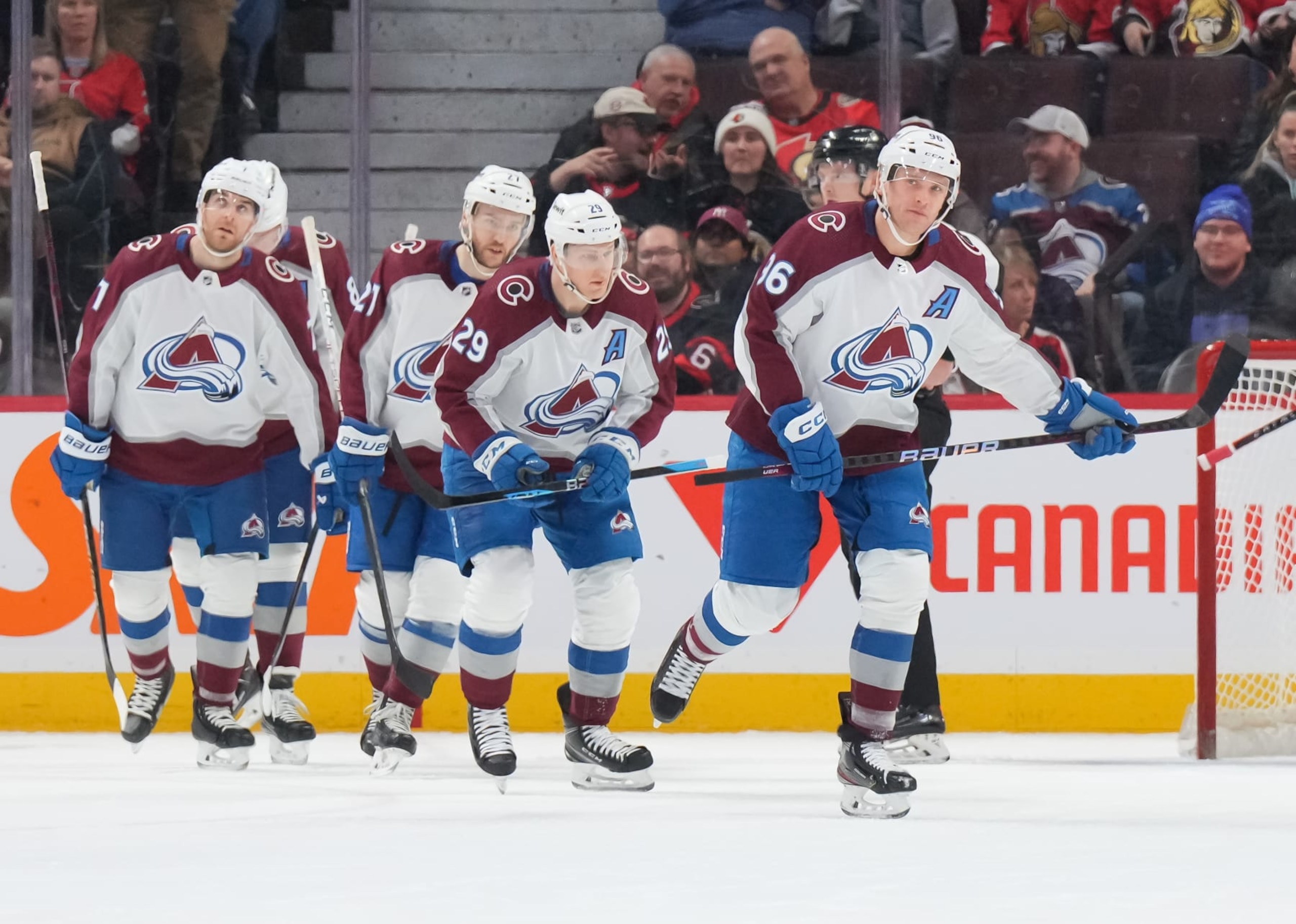 OTTAWA, CANADA - JANUARY 16: Mikko Rantanen #96 of the Colorado Avalanche celebrates his first period goal against the Ottawa Senators with teammates Nathan MacKinnon #29, Jonathan Drouin #27, Devon Toews #7 and Cale Makar #8 at Canadian Tire Centre on January 16, 2024 in Ottawa, Ontario, Canada. (Photo by André Ringuette/NHLI via Getty Images) OTTAWA, CANADA - JANUARY 16: Mikko Rantanen #96 of the Colorado Avalanche celebrates his first period goal against the Ottawa Senators with teammates Nathan MacKinnon #29, Jonathan Drouin #27, Devon Toews #7 and Cale Makar #8 at Canadian Tire Centre on January 16, 2024 in Ottawa, Ontario, Canada. (Photo by André Ringuette/NHLI via Getty Images)