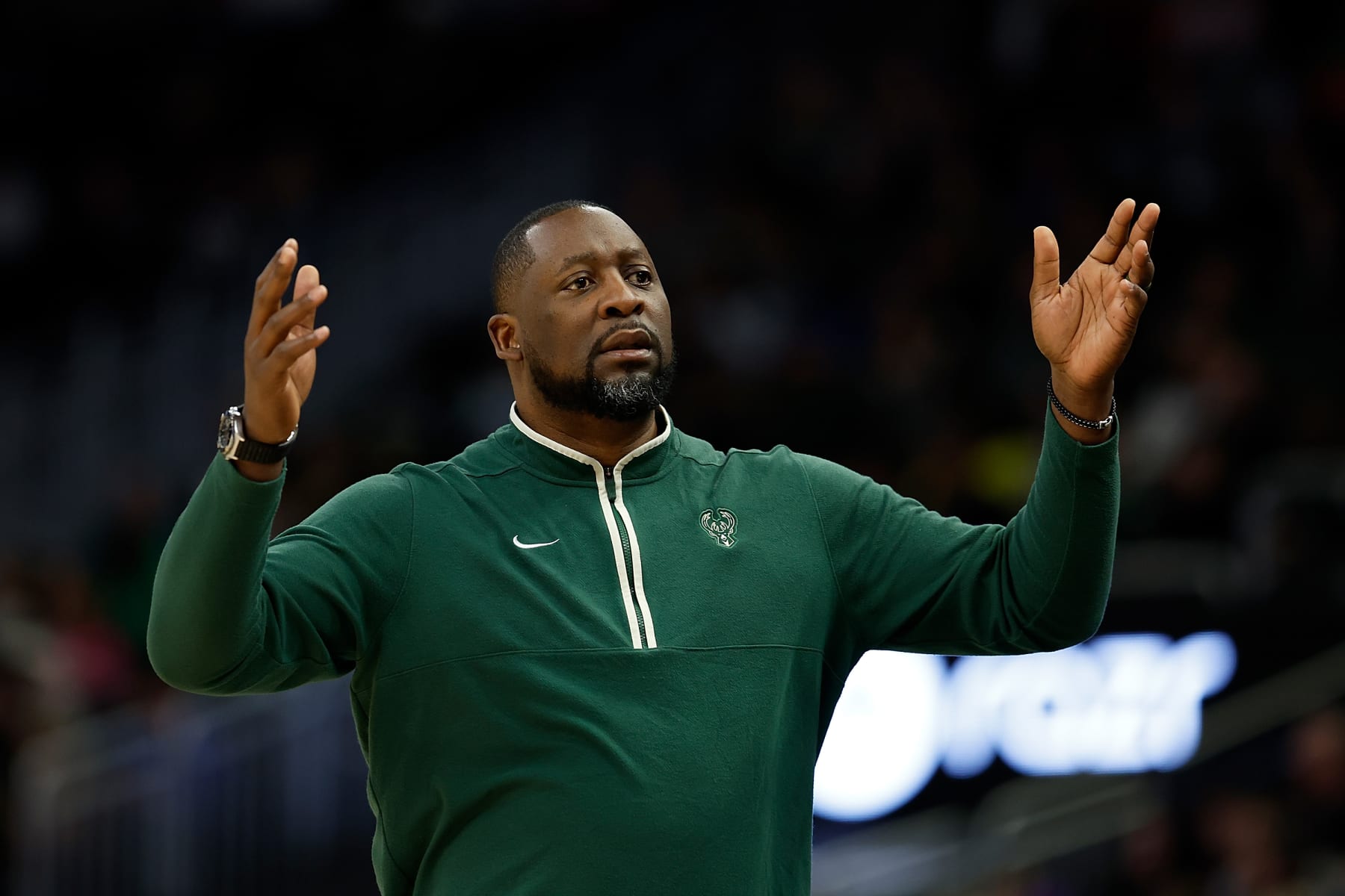MILWAUKEE, WISCONSIN - JANUARY 14: Adrian Griffin head coach of the Milwaukee Bucks reacts to a call during the first half of the game against the Sacramento Kings at Fiserv Forum on January 14, 2024 in Milwaukee, Wisconsin. NOTE TO USER: User expressly acknowledges and agrees that, by downloading and or using this photograph, User is consenting to the terms and conditions of the Getty Images License Agreement. (Photo by John Fisher/Getty Images)