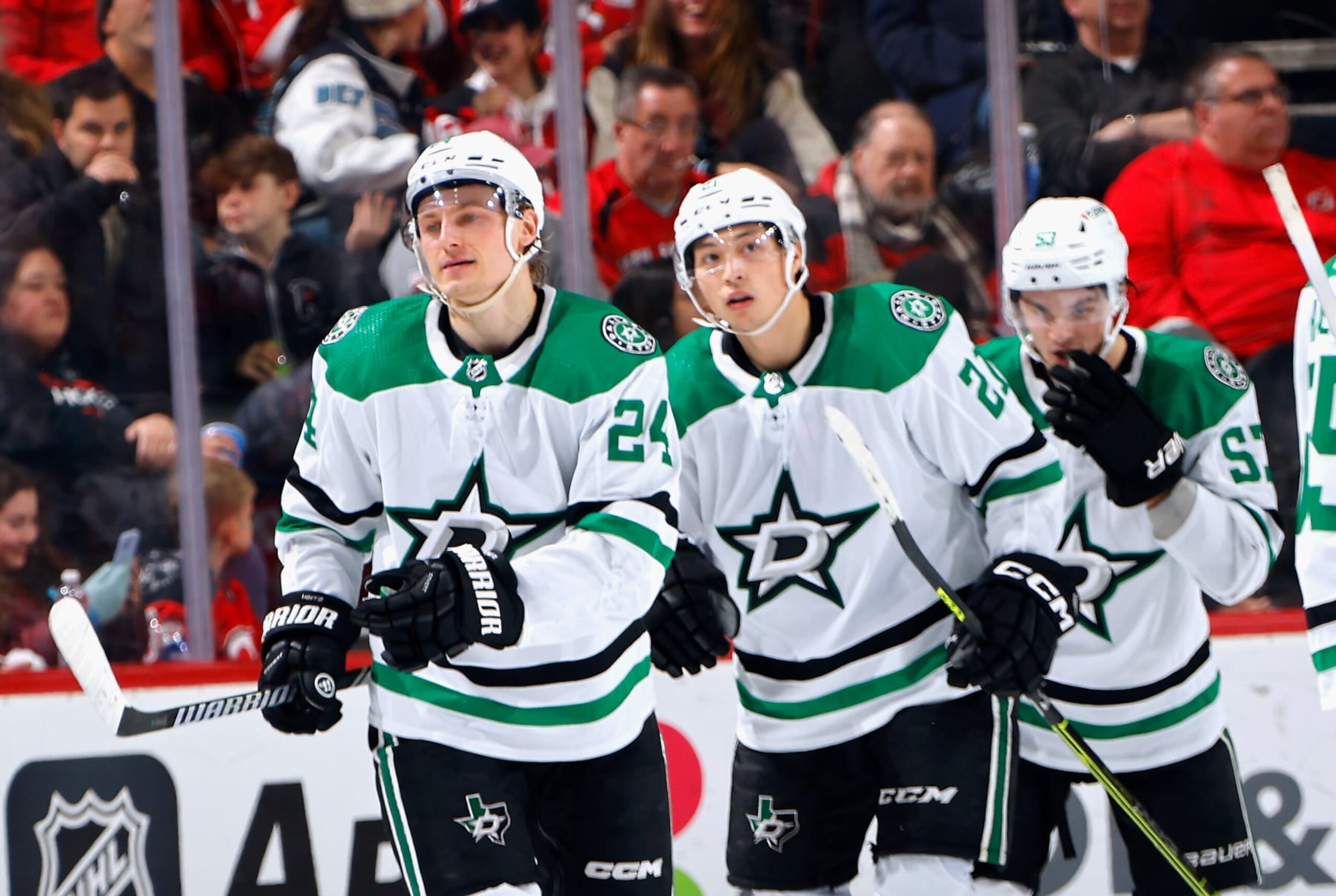 NEWARK, NEW JERSEY - JANUARY 20: Roope Hintz #24 of the Dallas Stars (L) celebrates his second goal of the game at 19:42 of the second period against the New Jersey Devils at Prudential Center on January 20, 2024 in Newark, New Jersey. (Photo by Bruce Bennett/Getty Images) NEWARK, NEW JERSEY - JANUARY 20: Roope Hintz #24 of the Dallas Stars (L) celebrates his second goal of the game at 19:42 of the second period against the New Jersey Devils at Prudential Center on January 20, 2024 in Newark, New Jersey. (Photo by Bruce Bennett/Getty Images)