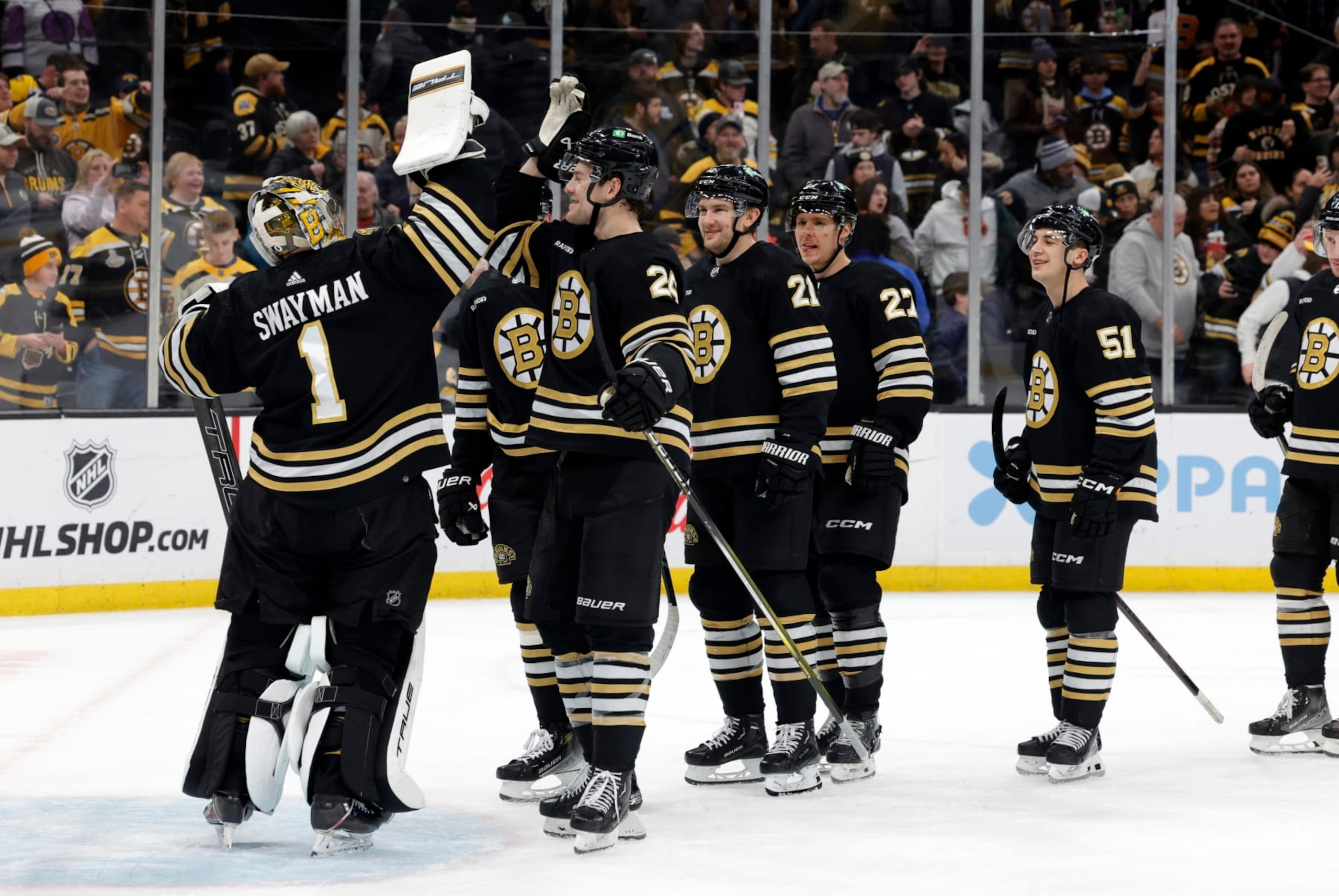 BOSTON, MA - JANUARY 22: Teammates flock ro Boston Bruins goalie Jeremy Swayman (1) after a game between the Boston Bruins and the Winnipeg Jets on January 22, 2024, at TD Garden in Boston, Massachusetts. (Photo by Fred Kfoury III/Icon Sportswire via Getty Images) BOSTON, MA - JANUARY 22: Teammates flock ro Boston Bruins goalie Jeremy Swayman (1) after a game between the Boston Bruins and the Winnipeg Jets on January 22, 2024, at TD Garden in Boston, Massachusetts. (Photo by Fred Kfoury III/Icon Sportswire via Getty Images)