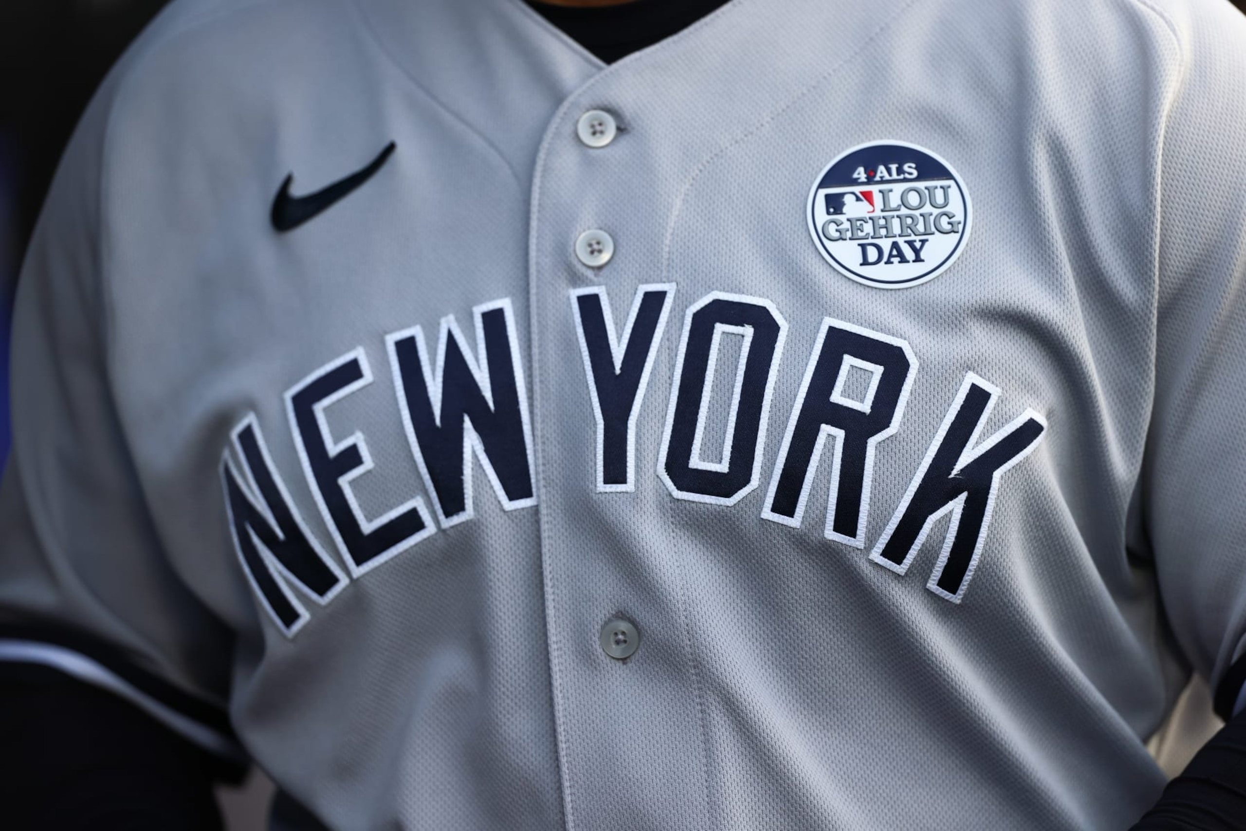 LOS ANGELES, CA - JUNE 02:   A detail photo of a Lou Gehrig Day patch on a New York Yankees uniform during the game between the New York Yankees and the Los Angeles Dodgers at Dodger Stadium on Friday, June 2, 2023 in Los Angeles, California. (Photo by Katelyn Mulcahy/MLB Photos via Getty Images)