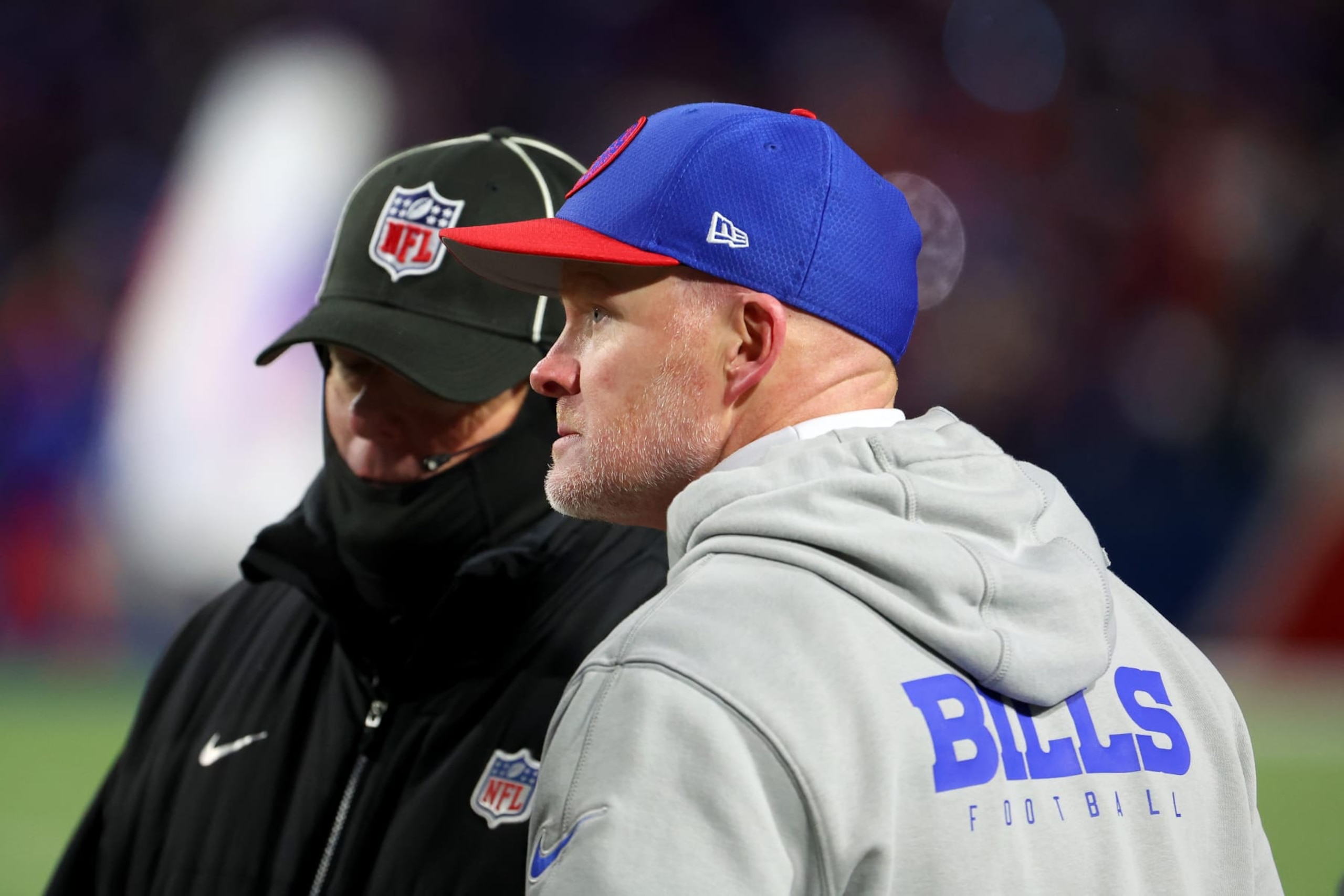 ORCHARD PARK, NEW YORK - JANUARY 21: Head coach Sean McDermott of the Buffalo Bills argues a call against the Kansas City Chiefs during the third quarter in the AFC Divisional Playoff game at Highmark Stadium on January 21, 2024 in Orchard Park, New York. (Photo by Timothy T Ludwig/Getty Images) ORCHARD PARK, NEW YORK - JANUARY 21: Head coach Sean McDermott of the Buffalo Bills argues a call against the Kansas City Chiefs during the third quarter in the AFC Divisional Playoff game at Highmark Stadium on January 21, 2024 in Orchard Park, New York. (Photo by Timothy T Ludwig/Getty Images)