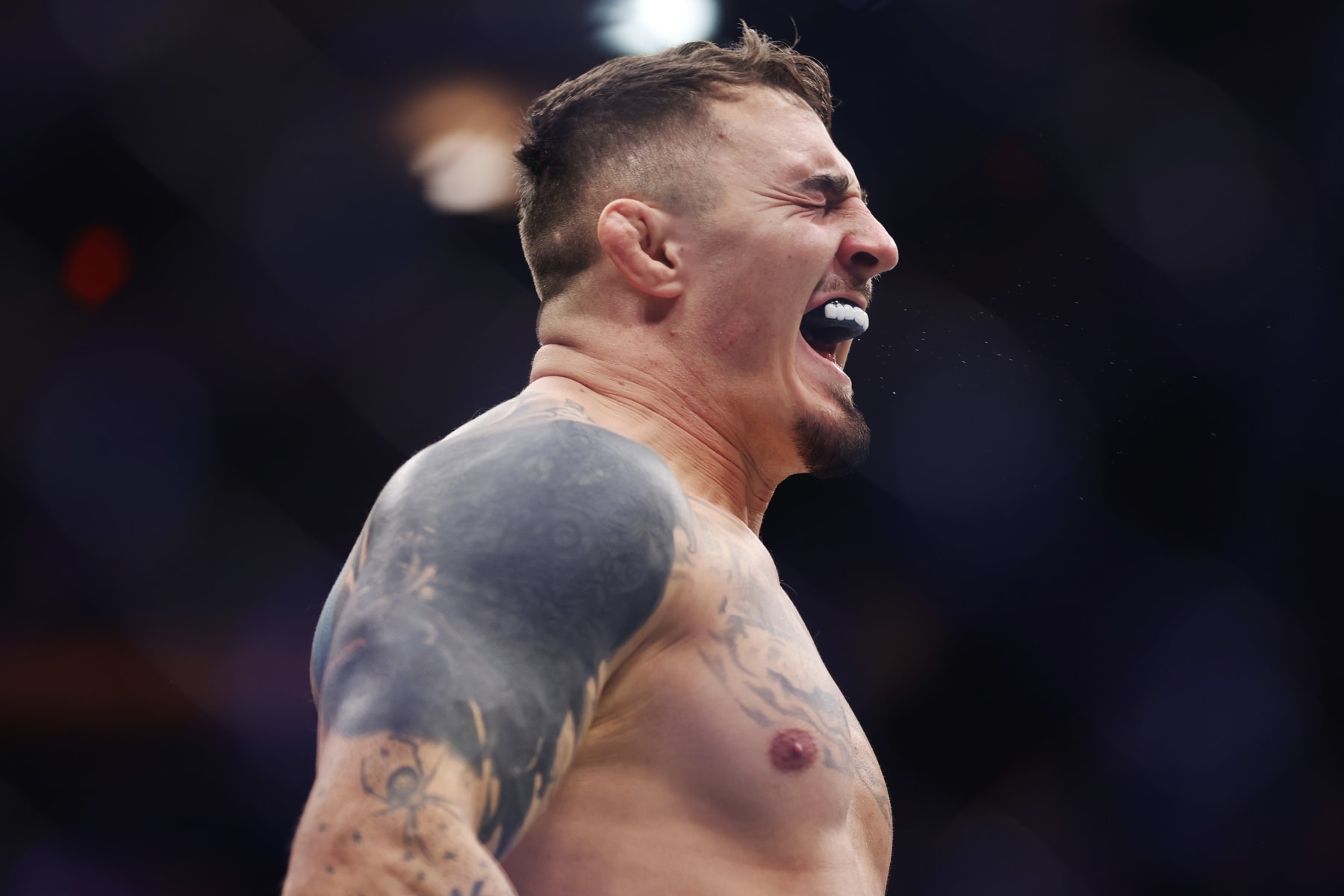 NEW YORK, NEW YORK - NOVEMBER 11: Tom Aspinall of England reacts after his knockout victory against Sergei Pavlovich of Russia in the interim UFC heavyweight championship fight during the UFC 295 event at Madison Square Garden on November 11, 2023 in New York City. (Photo by Sarah Stier/Getty Images)