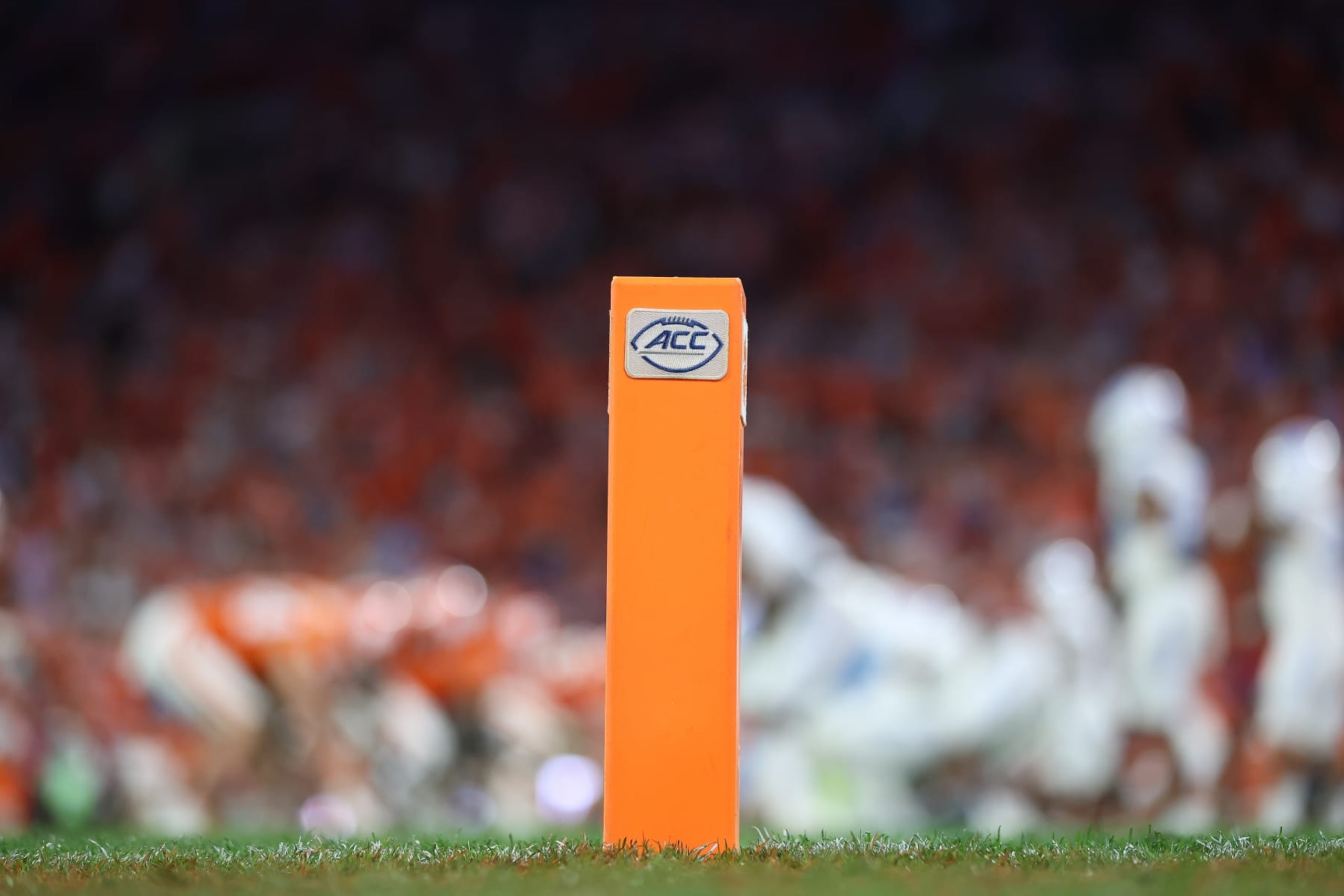 CLEMSON, SOUTH CAROLINA - NOVEMBER 18: The ACC Logo is shown on an end zone pylon as the North Carolina Tar Heels take on the Clemson Tigers at Memorial Stadium on November 18, 2023 in Clemson, South Carolina. (Photo by Isaiah Vazquez/Getty Images)