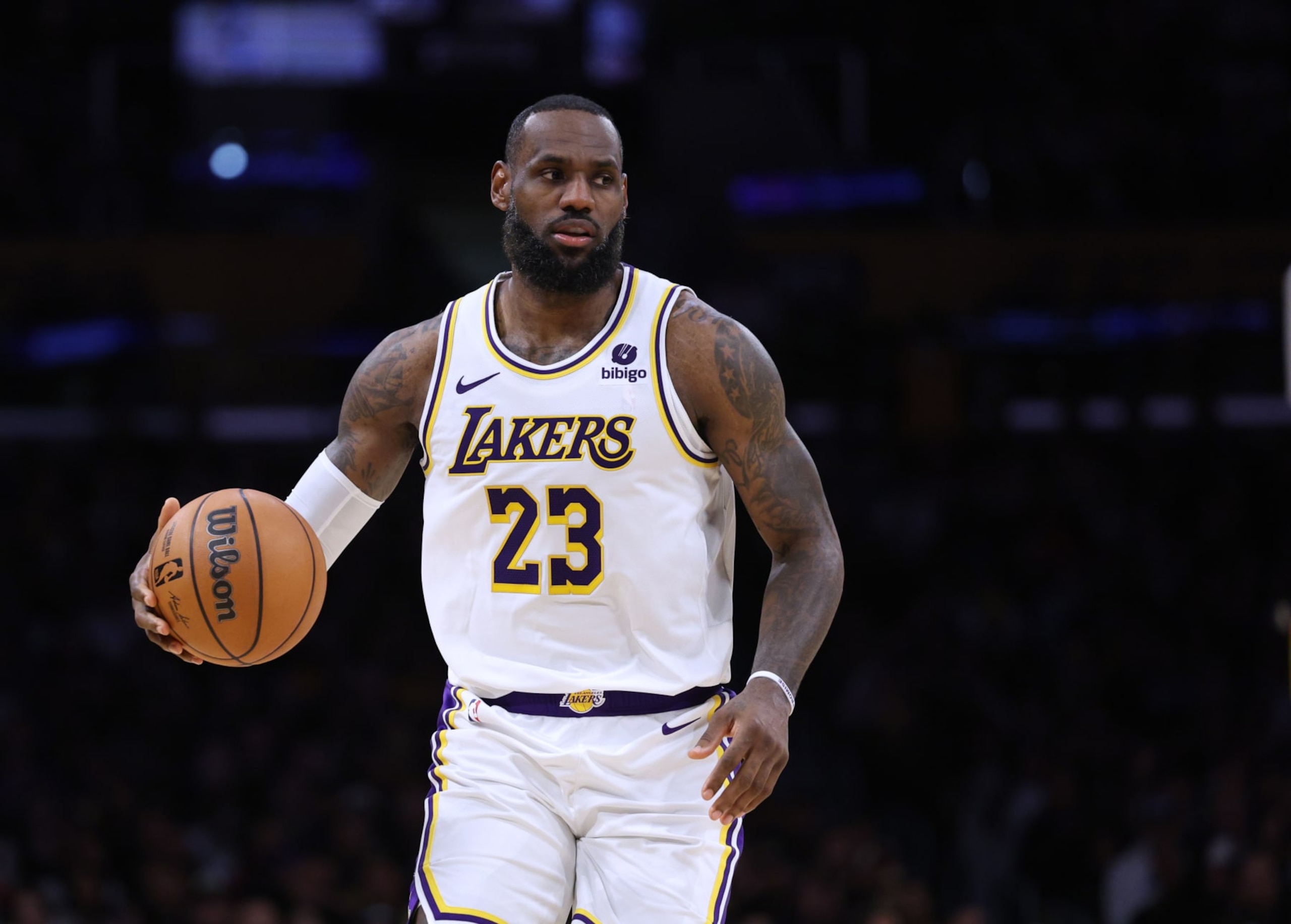 LOS ANGELES, CALIFORNIA - JANUARY 21: LeBron James #23 of the Los Angeles Lakers dribbles during a 134-110 Lakers win over the Portland Trail Blazers at Crypto.com Arena on January 21, 2024 in Los Angeles, California. User is consenting to the terms and conditions of the Getty Images License Agreement. (Photo by Harry How/Getty Images)