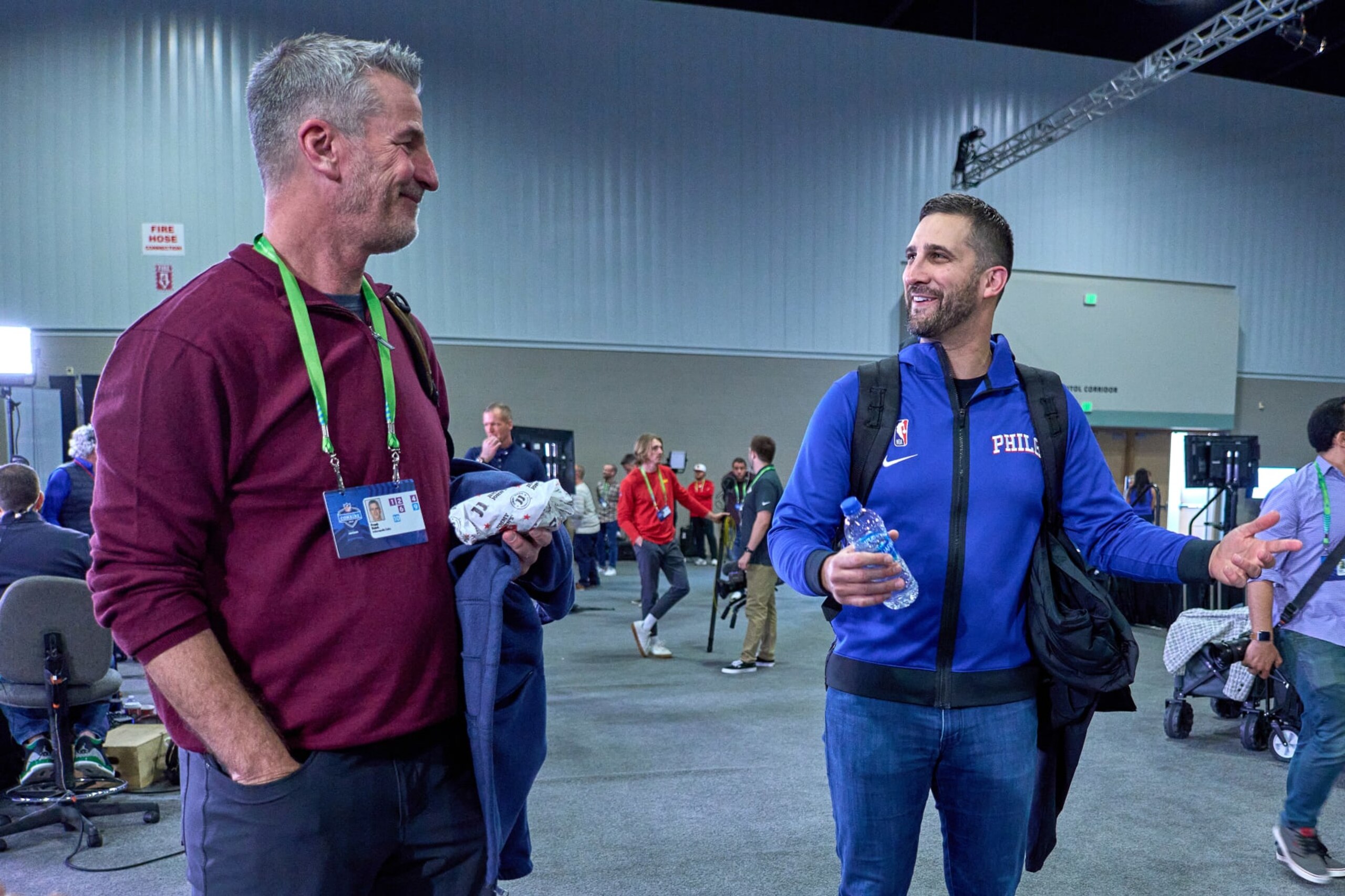 INDIANAPOLIS, IN - MARCH 02: Indianapolis Colts head coach Frank Reich chats with Philadelphia Eagles head coach Nick Sirianni during the NFL Scouting Combine on March 2, 2022, at the Indiana Convention Center in Indianapolis, IN. (Photo by Robin Alam/Icon Sportswire via Getty Images)