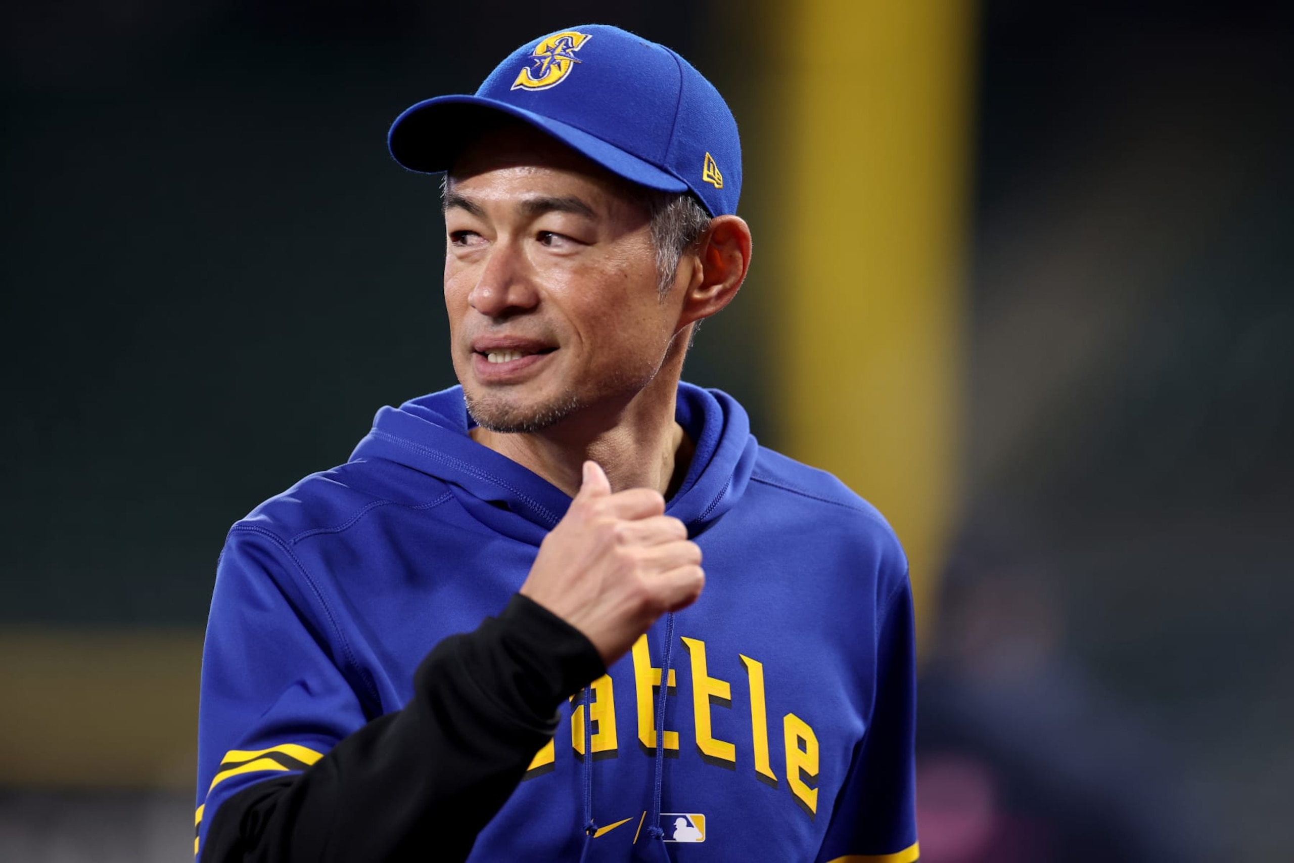 SEATTLE, WASHINGTON - MAY 05: Ichiro Suzuki of the Seattle Mariners looks on before the game against the Houston Astros at T-Mobile Park on May 05, 2023 in Seattle, Washington. (Photo by Steph Chambers/Getty Images)