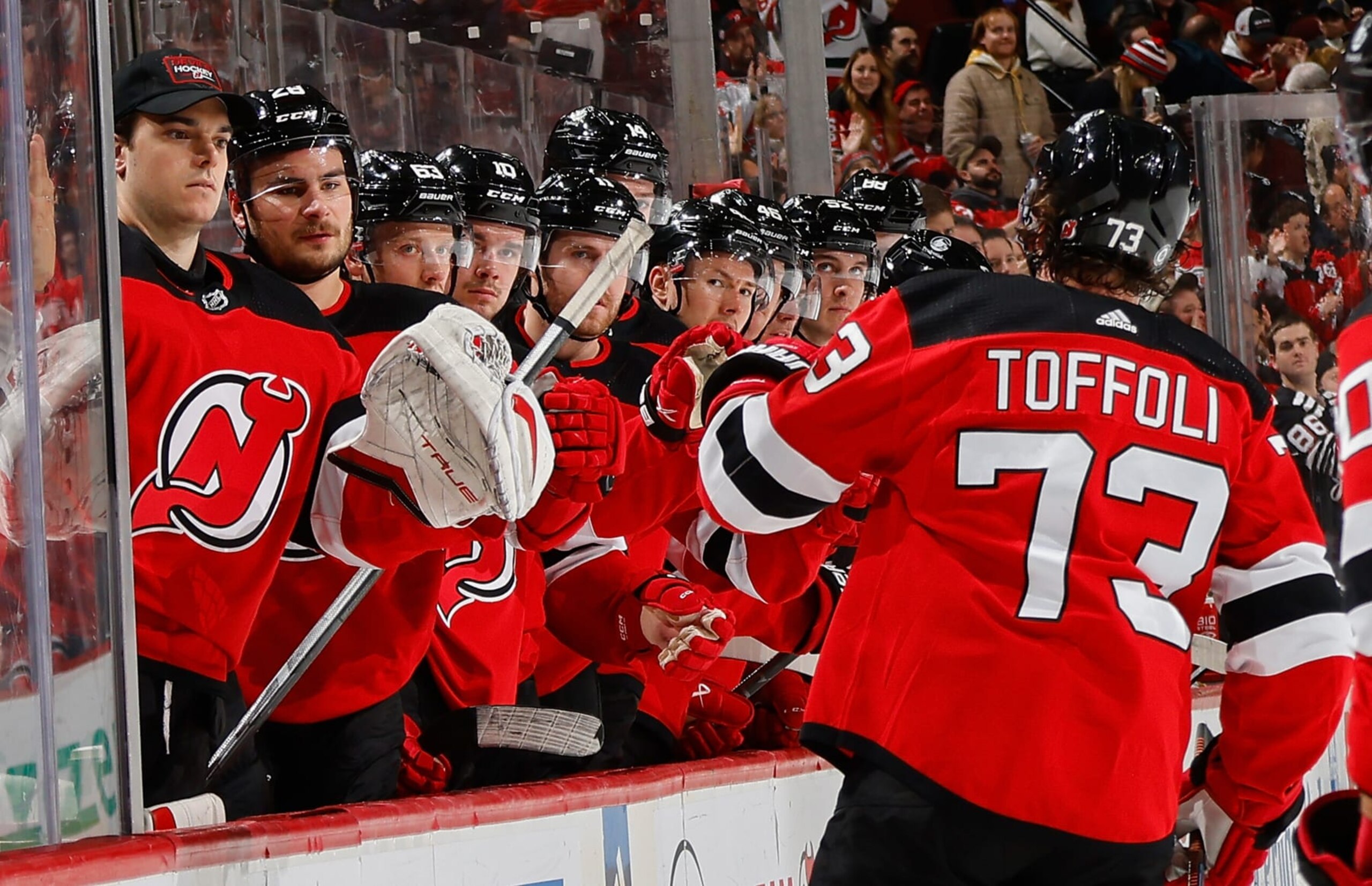 NEWARK, NEW JERSEY - JANUARY 22: Tyler Toffoli #73 of the New Jersey Devils celebrates his goal at 19:44 of the second period against the Vegas Golden Knights at Prudential Center on January 22, 2024 in Newark, New Jersey. (Photo by Bruce Bennett/Getty Images)