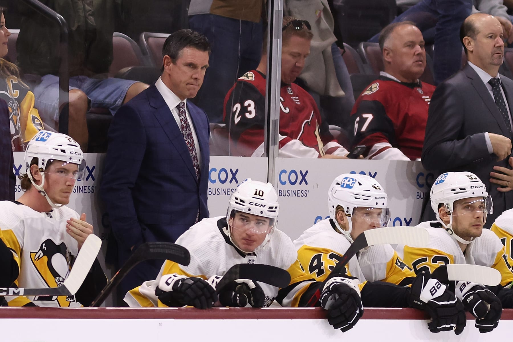 TEMPE, ARIZONA - JANUARY 08: Head coach Mike Sullivan of the Pittsburgh Penguins watches from the bench during the NHL game at Mullett Arena on January 08, 2023 in Tempe, Arizona. The Penguins defeated the Coyotes 4-1.  (Photo by Christian Petersen/Getty Images)