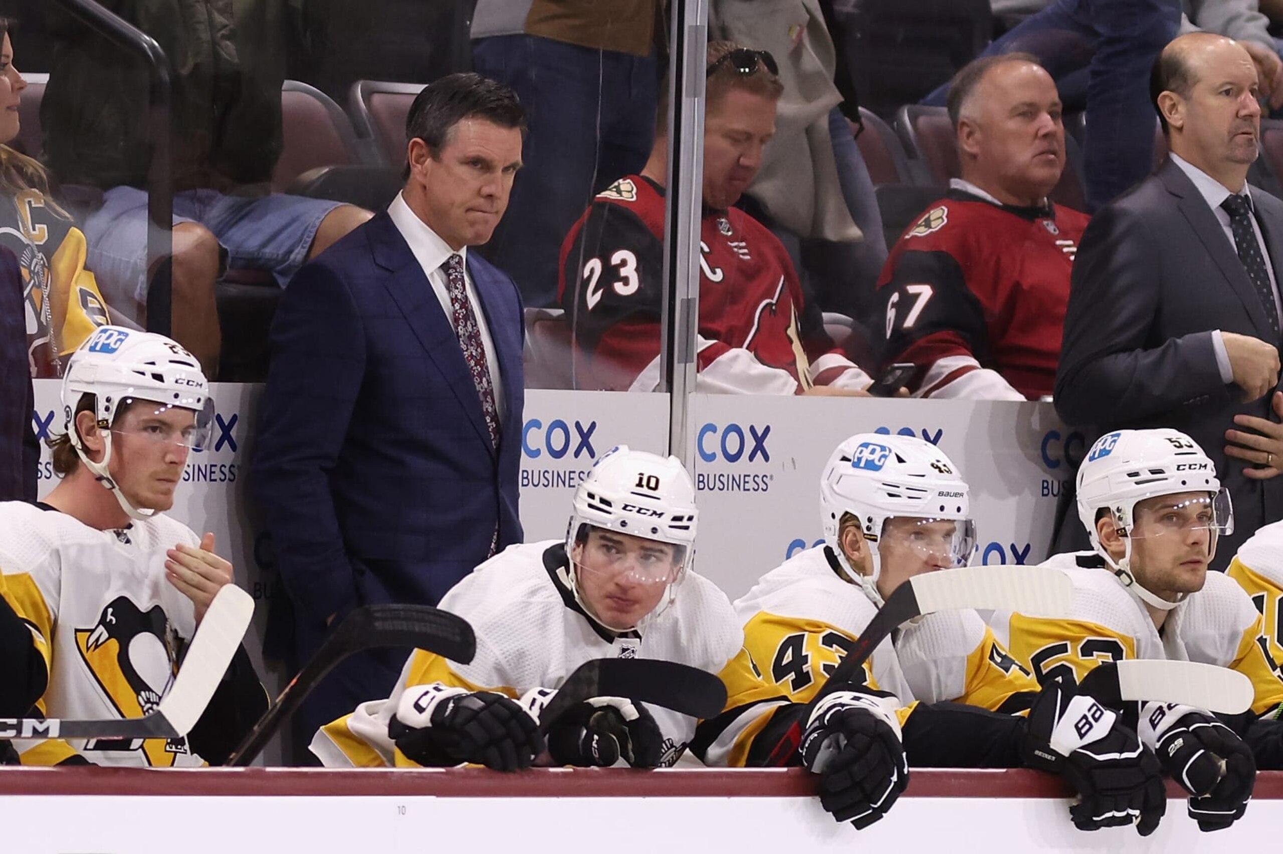 TEMPE, ARIZONA - JANUARY 08: Head coach Mike Sullivan of the Pittsburgh Penguins watches from the bench during the NHL game at Mullett Arena on January 08, 2023 in Tempe, Arizona. The Penguins defeated the Coyotes 4-1.  (Photo by Christian Petersen/Getty Images)