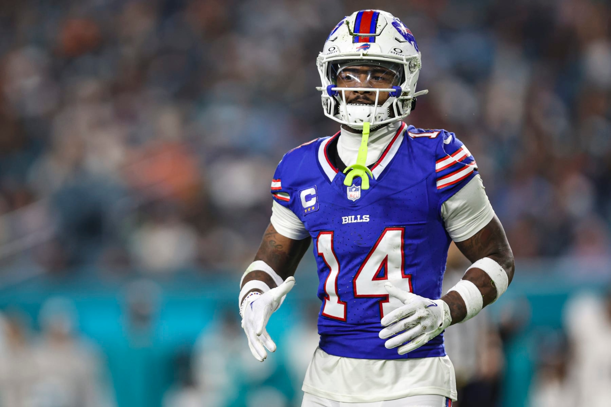MIAMI GARDENS, FL - JANUARY 07: Stefon Diggs #14 of the Buffalo Bills looks on from the field during an NFL football game against the Miami Dolphins at Hard Rock Stadium on January 7, 2024 in Miami Gardens, Florida. (Photo by Perry Knotts/Getty Images)