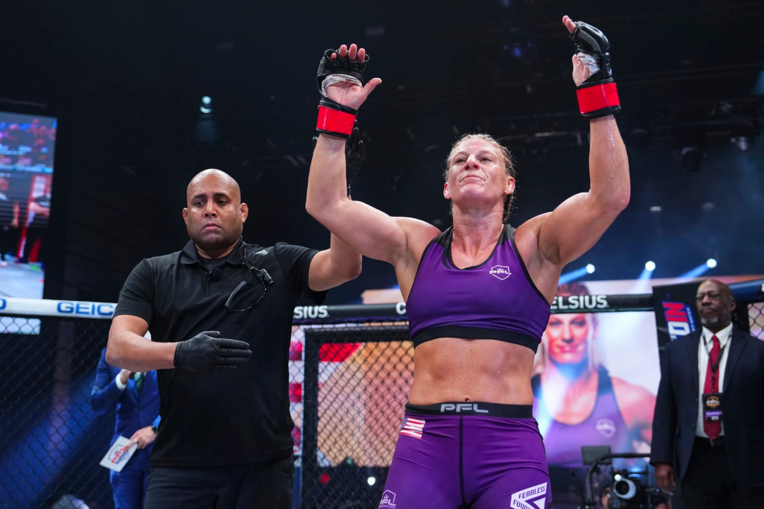 WASHINGTON, DC - NOVEMBER 24: Kayla Harrison reacts after her victory against Aspen Ladd during the 2023 PFL Championships at The Anthem on November 24, 2023 in Washington, DC. (Photo by Cooper Neill/Getty Images)