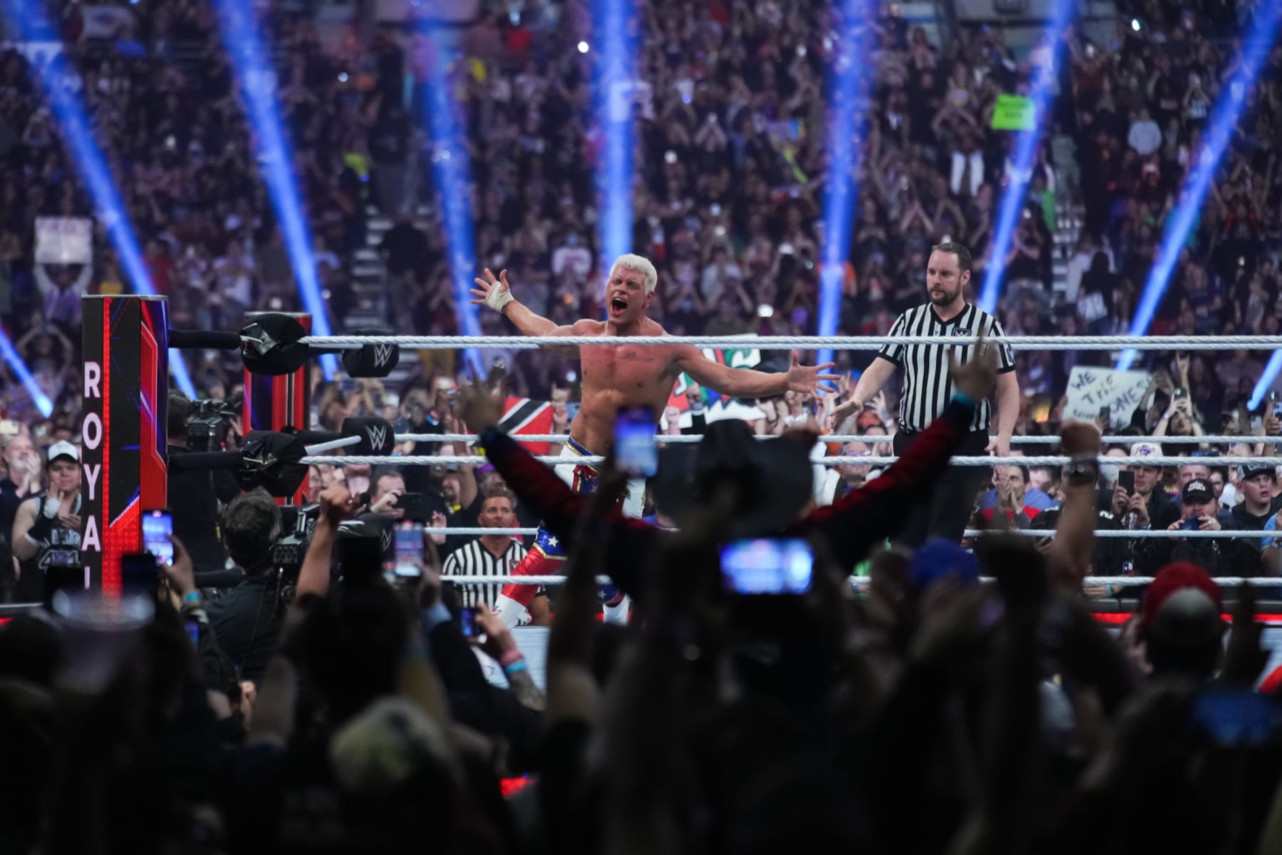 SAN ANTONIO, TEXAS - JANUARY 28: Cody Rhodes reacts after winning the WWE Royal Rumble at Alamodome on January 28, 2023 in San Antonio, Texas. (Photo by Alex Bierens de Haan/Getty Images)