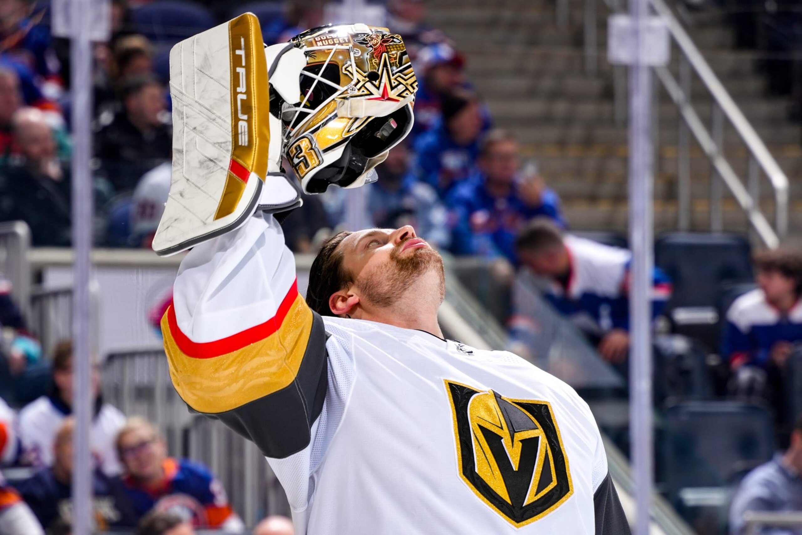 ELMONT, NEW YORK - JANUARY 23:  Adin Hill #33 of the Vegas Golden Knights cools off during the first period against the New York Islanders at UBS Arena on January 23, 2024 in Elmont, New York. (Photo by Mike Stobe/NHLI via Getty Images)