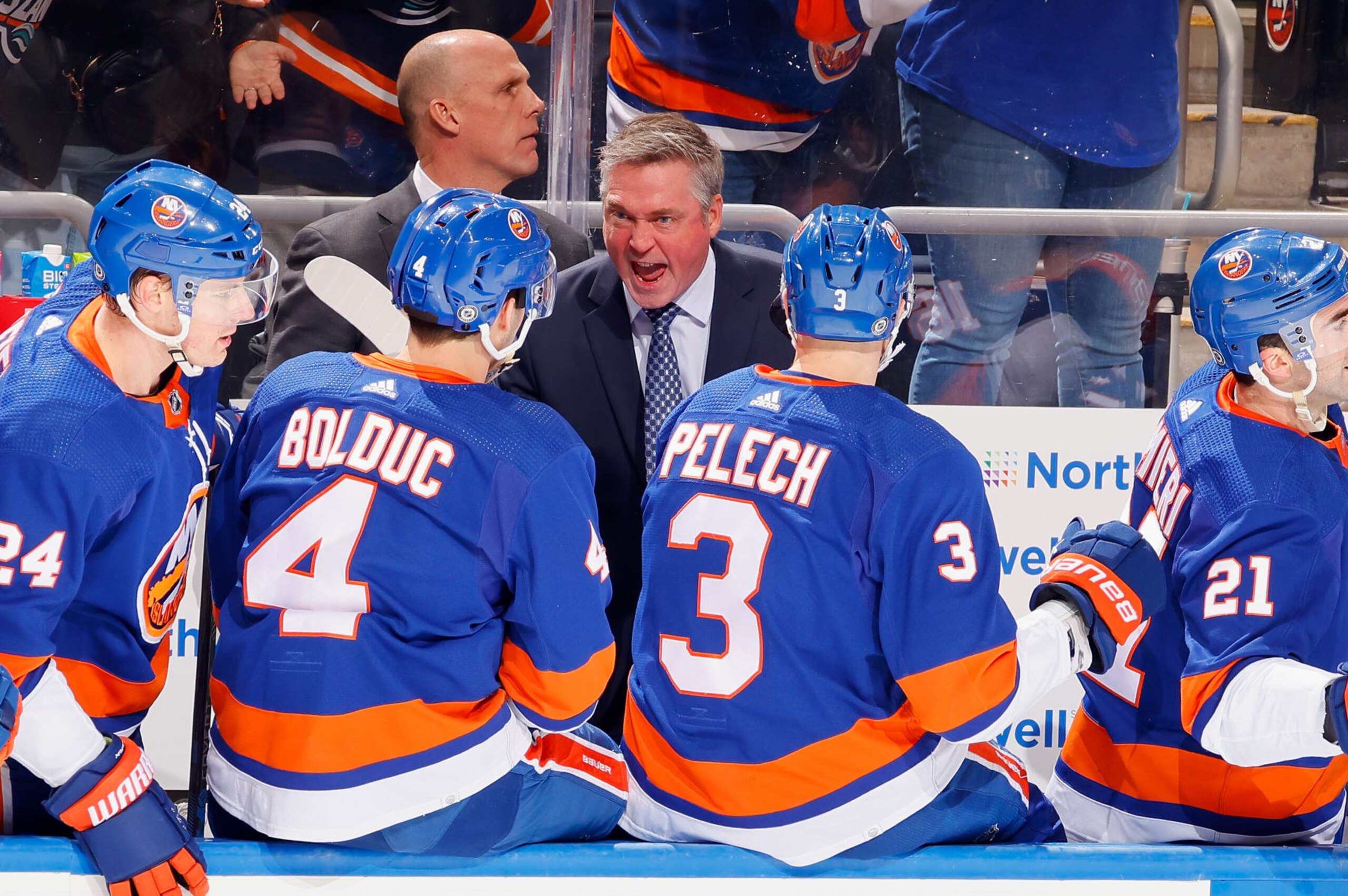 ELMONT, NEW YORK - JANUARY 21: Head coach Patrick Roy of the New York Islanders handles bench duties in his first game with the team against the Dallas Stars at UBS Arena on January 21, 2024 in Elmont, New York. (Photo by Bruce Bennett/Getty Images)