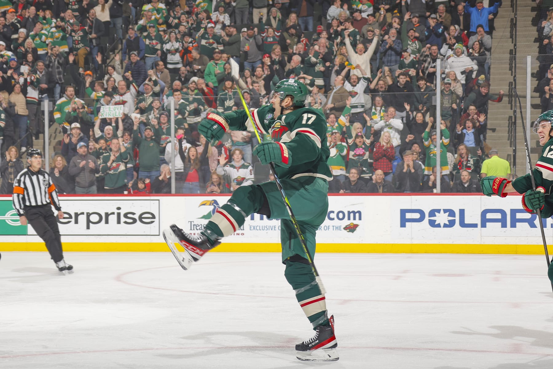 SAINT PAUL, MN - JANUARY 23: Marcus Foligno #17 of the Minnesota Wild celebrates his goal against the Washington Capitals during the game at the Xcel Energy Center on January 23, 2024 in Saint Paul, Minnesota. (Photo by Bruce Kluckhohn/NHLI via Getty Images)