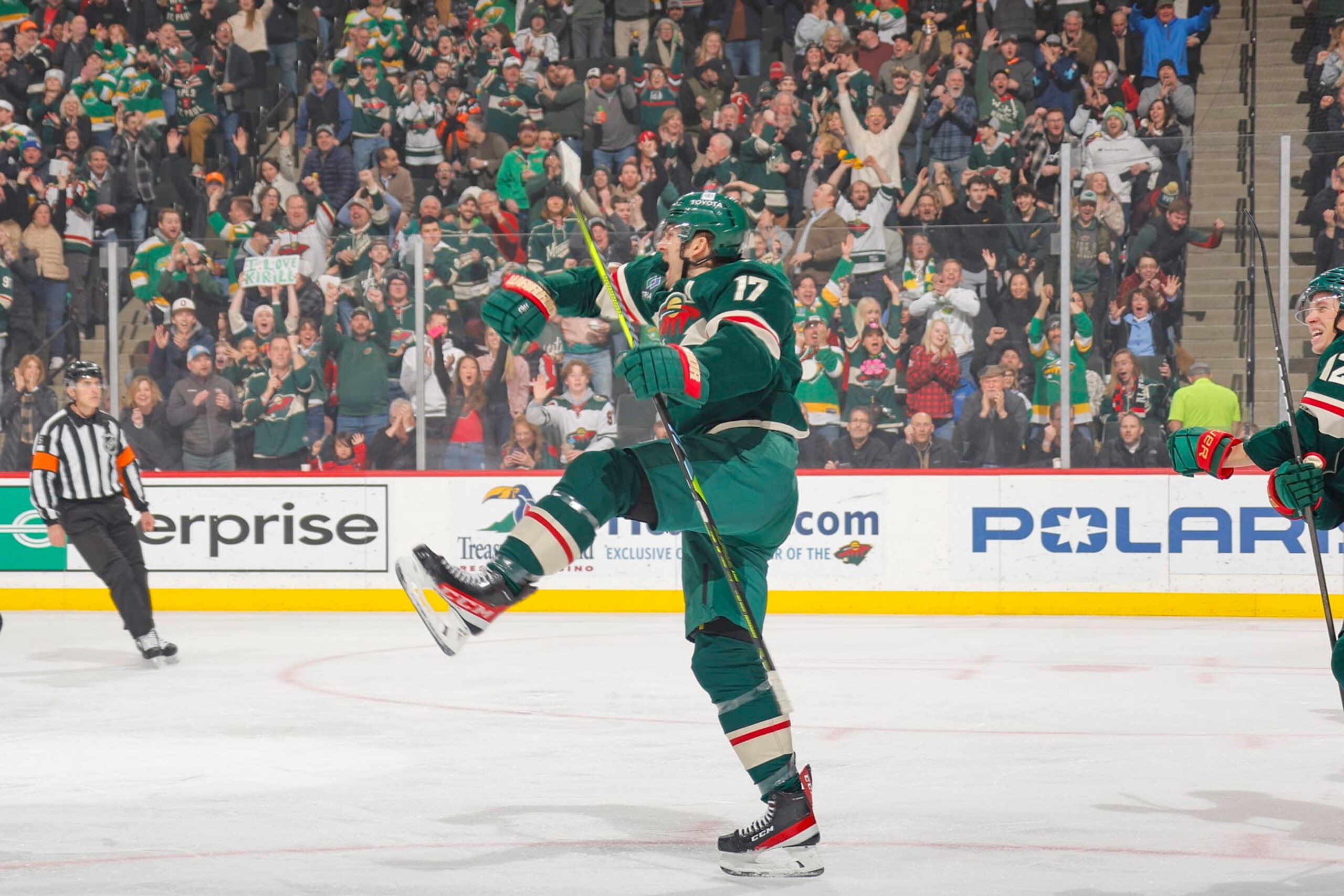 SAINT PAUL, MN - JANUARY 23: Marcus Foligno #17 of the Minnesota Wild celebrates his goal against the Washington Capitals during the game at the Xcel Energy Center on January 23, 2024 in Saint Paul, Minnesota. (Photo by Bruce Kluckhohn/NHLI via Getty Images)