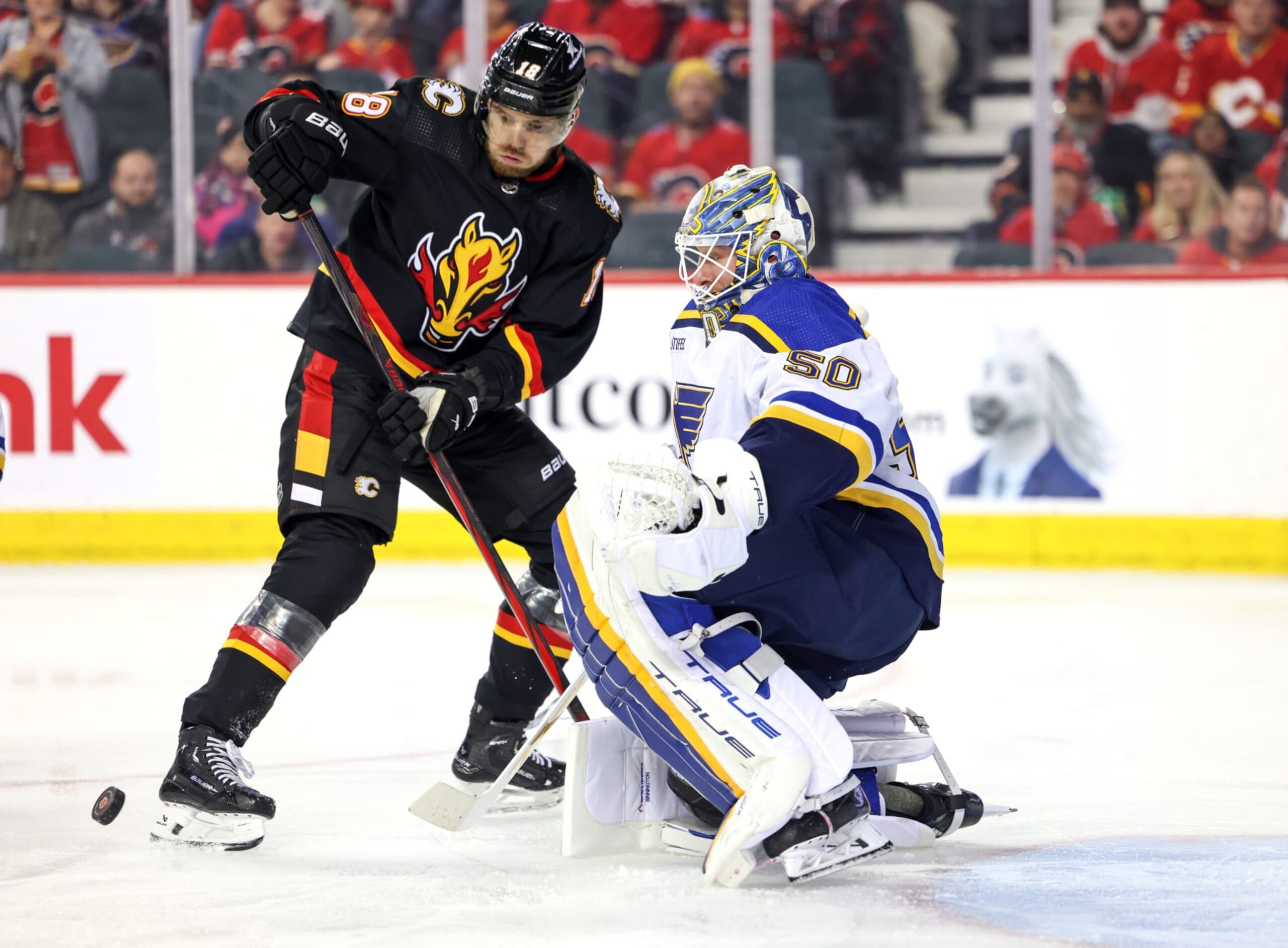 CALGARY, CANADA - JANUARY 23: A.J. Greer #18 of the Calgary Flames and Jordan Binnington #50 of the St. Louis Blues scramble for the puck during the first period at the Scotiabank Saddledome on January 23, 2024 in Calgary, Alberta, Canada. (Photo by Leah Hennel/Getty Images)