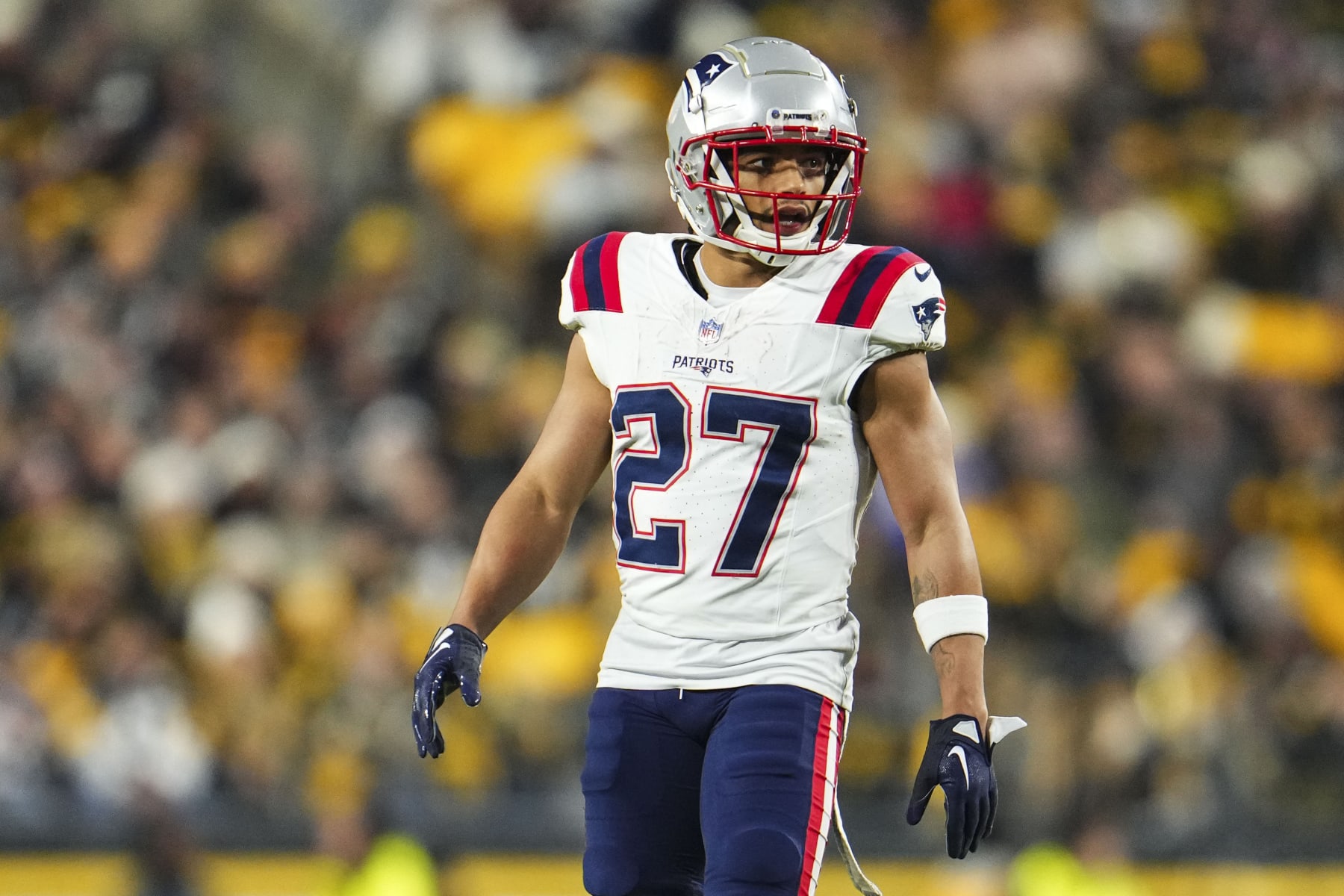 PITTSBURGH, PA - DECEMBER 07: Myles Bryant #27 of the New England Patriots looks on from the field during an NFL football game against the Pittsburgh Steelers at Acrisure Stadium on December 7, 2023 in Pittsburgh, Pennsylvania. (Photo by Cooper Neill/Getty Images)