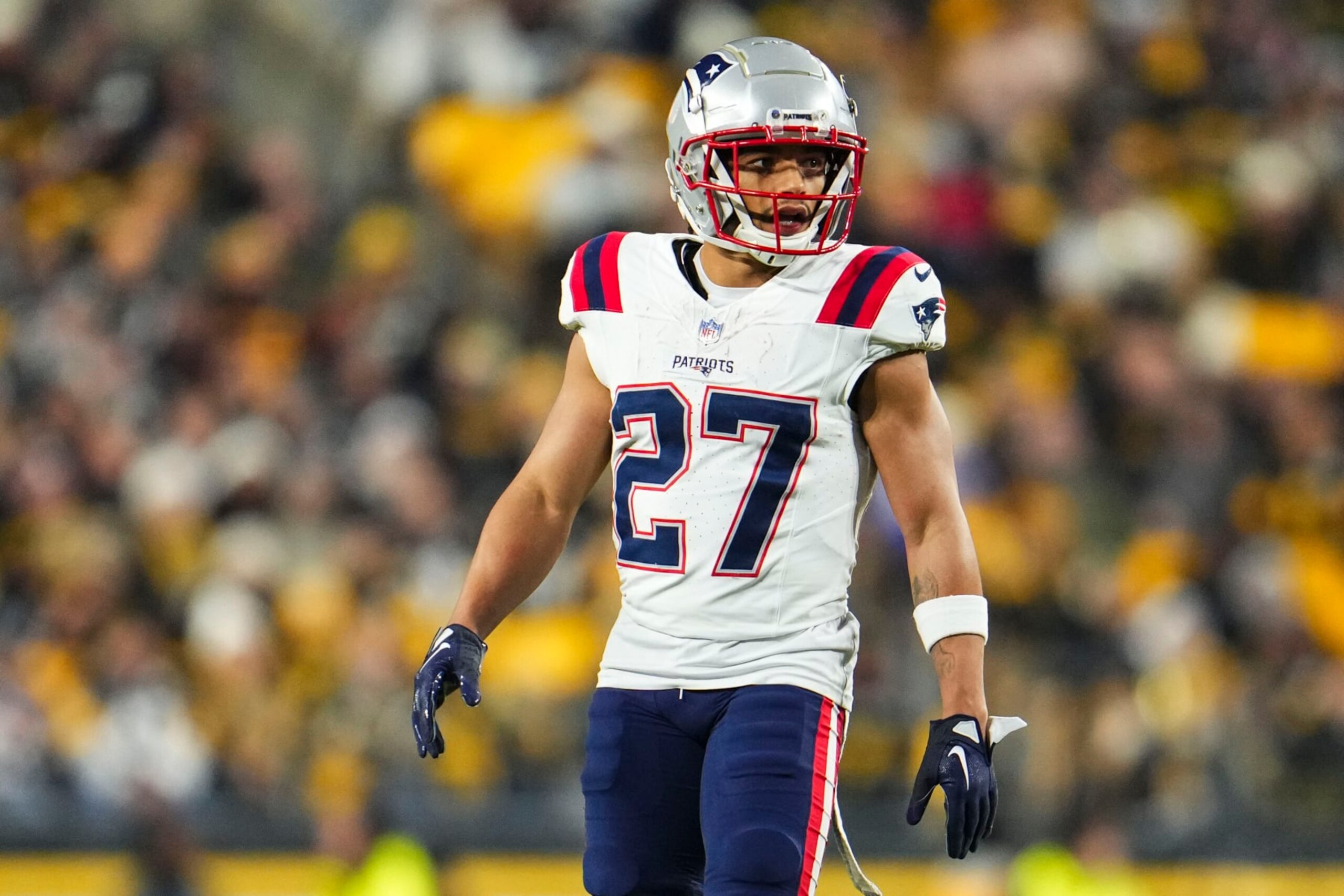 PITTSBURGH, PA - DECEMBER 07: Myles Bryant #27 of the New England Patriots looks on from the field during an NFL football game against the Pittsburgh Steelers at Acrisure Stadium on December 7, 2023 in Pittsburgh, Pennsylvania. (Photo by Cooper Neill/Getty Images) PITTSBURGH, PA - DECEMBER 07: Myles Bryant #27 of the New England Patriots looks on from the field during an NFL football game against the Pittsburgh Steelers at Acrisure Stadium on December 7, 2023 in Pittsburgh, Pennsylvania. (Photo by Cooper Neill/Getty Images)