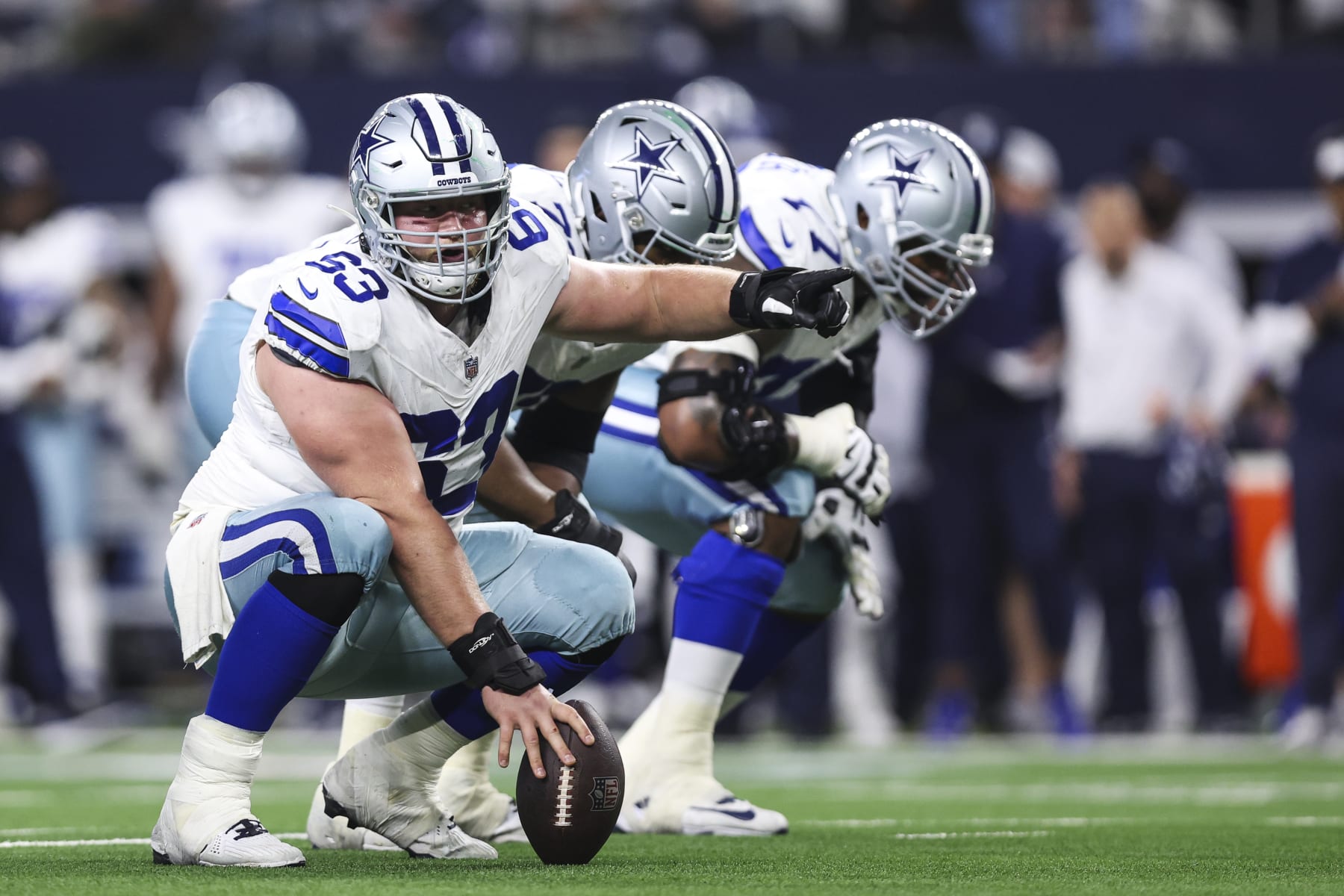 ARLINGTON, TX - JANUARY 14: Tyler Biadasz #63 of the Dallas Cowboys lines up during an NFL wild-card playoff football game against the Green Bay Packers at AT&T Stadium on January 14, 2024 in Arlington, Texas. (Photo by Perry Knotts/Getty Images)