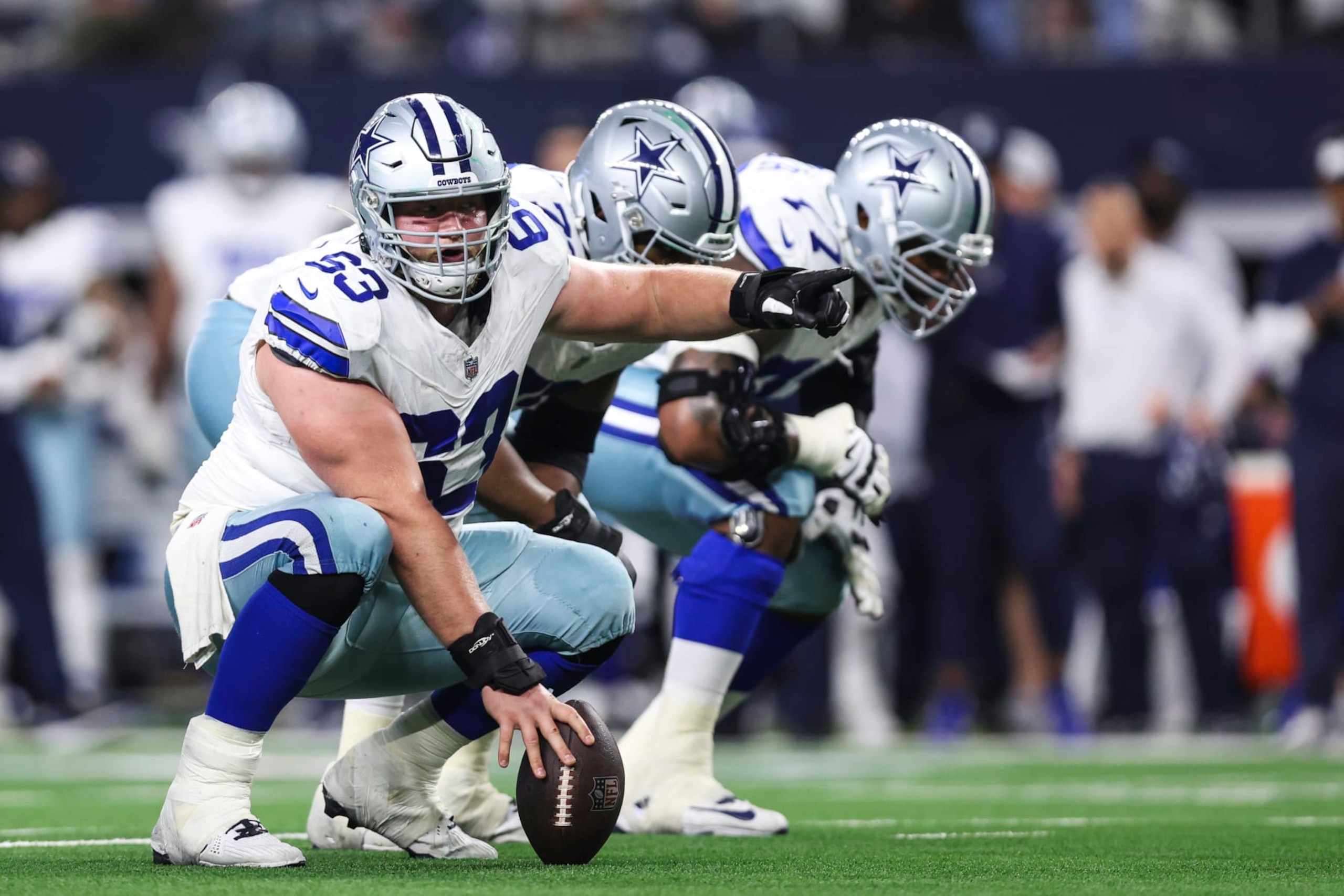 ARLINGTON, TX - JANUARY 14: Tyler Biadasz #63 of the Dallas Cowboys lines up during an NFL wild-card playoff football game against the Green Bay Packers at AT&T Stadium on January 14, 2024 in Arlington, Texas. (Photo by Perry Knotts/Getty Images)