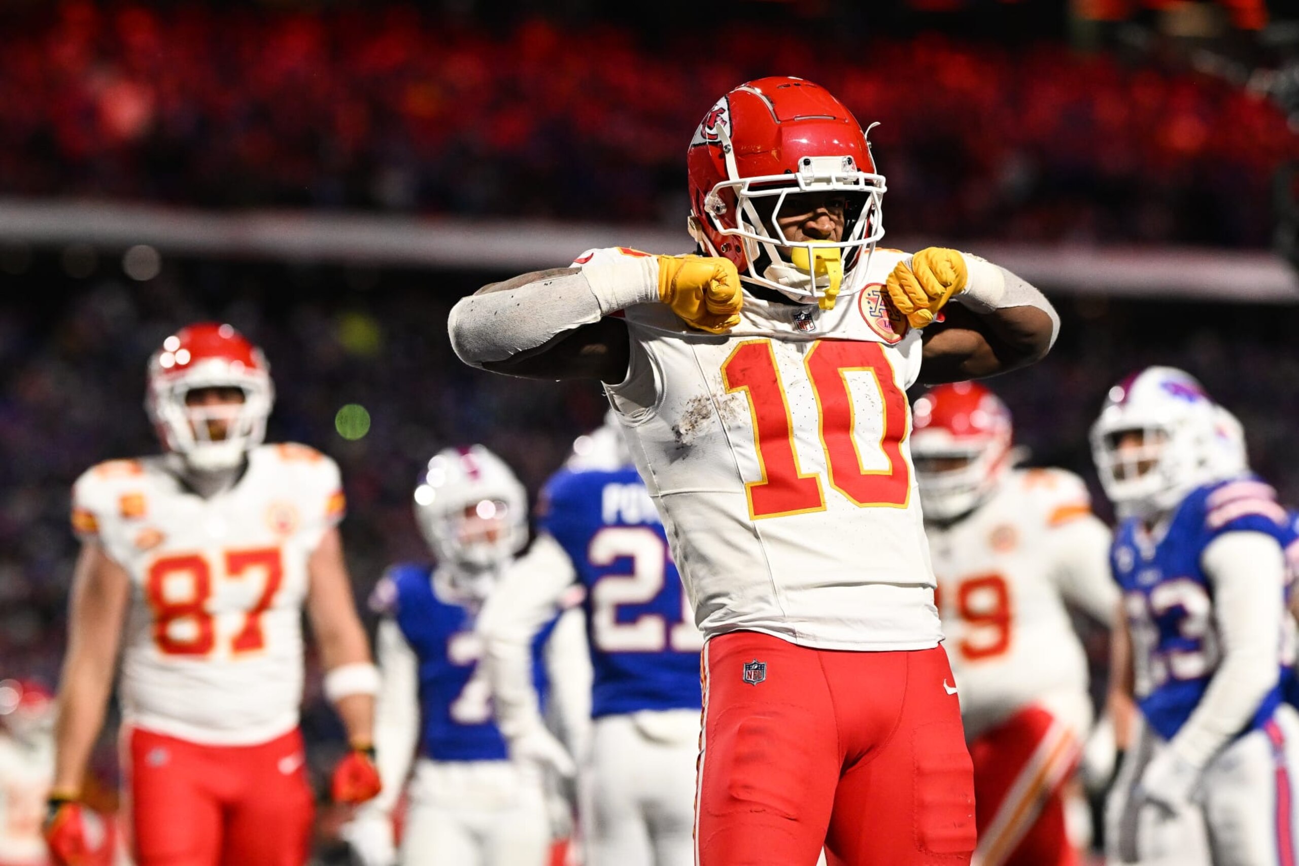 ORCHARD PARK, NY - JANUARY 21: Isiah Pacheco #10 of the Kansas City Chiefs celebrates after scoring a touchdown during the second half of the AFC Divisional Playoff game against the Buffalo Bills at Highmark Stadium on January 21, 2024 in Orchard Park, New York. (Photo by Kathryn Riley/Getty Images) ORCHARD PARK, NY - JANUARY 21: Isiah Pacheco #10 of the Kansas City Chiefs celebrates after scoring a touchdown during the second half of the AFC Divisional Playoff game against the Buffalo Bills at Highmark Stadium on January 21, 2024 in Orchard Park, New York. (Photo by Kathryn Riley/Getty Images)