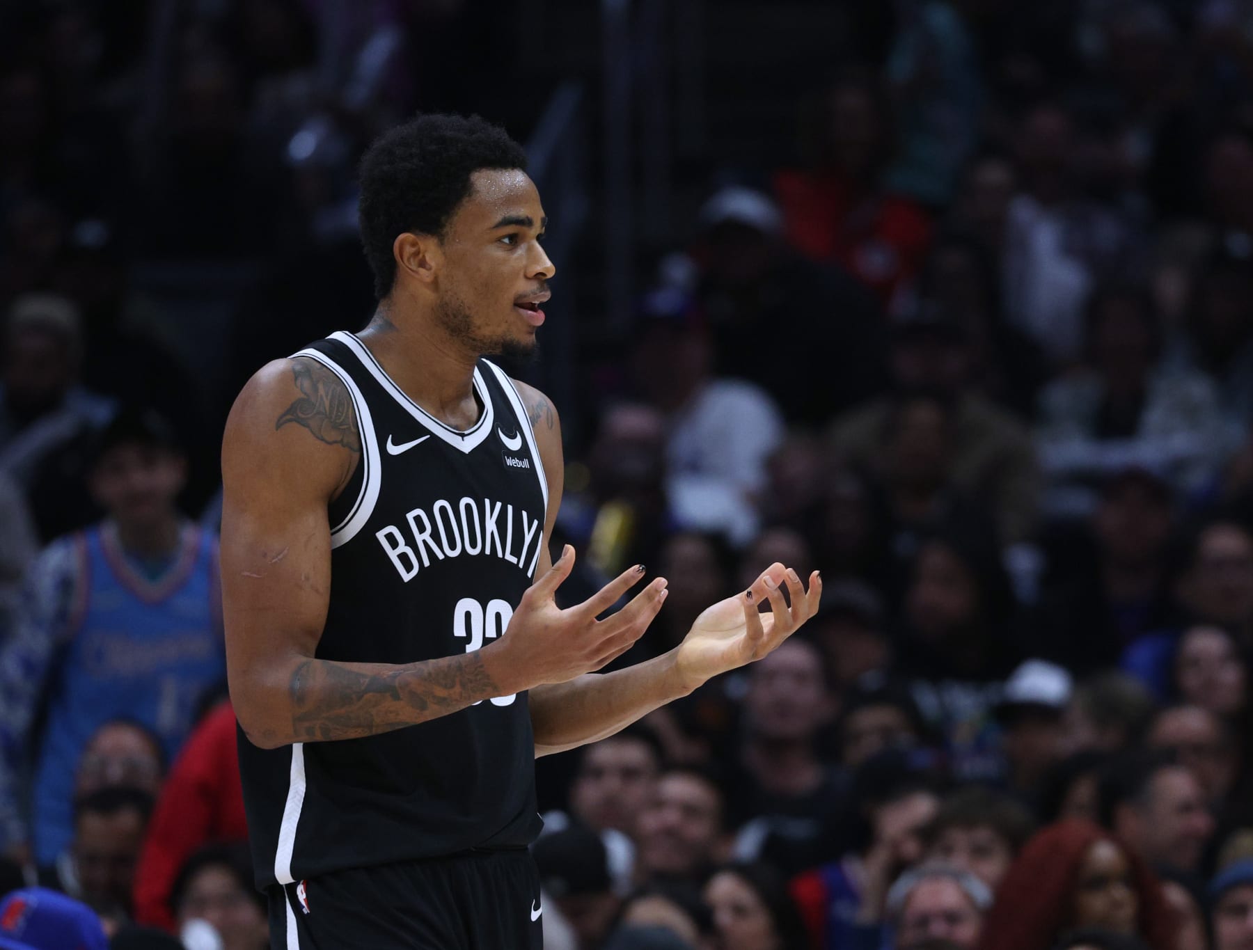LOS ANGELES, CALIFORNIA - JANUARY 21: Nic Claxton #33 of the Brooklyn Nets reacts after a loss of possession during a 125-114 LA Clippers win at Crypto.com Arena on January 21, 2024 in Los Angeles, California. User is consenting to the terms and conditions of the Getty Images License Agreement. (Photo by Harry How/Getty Images)