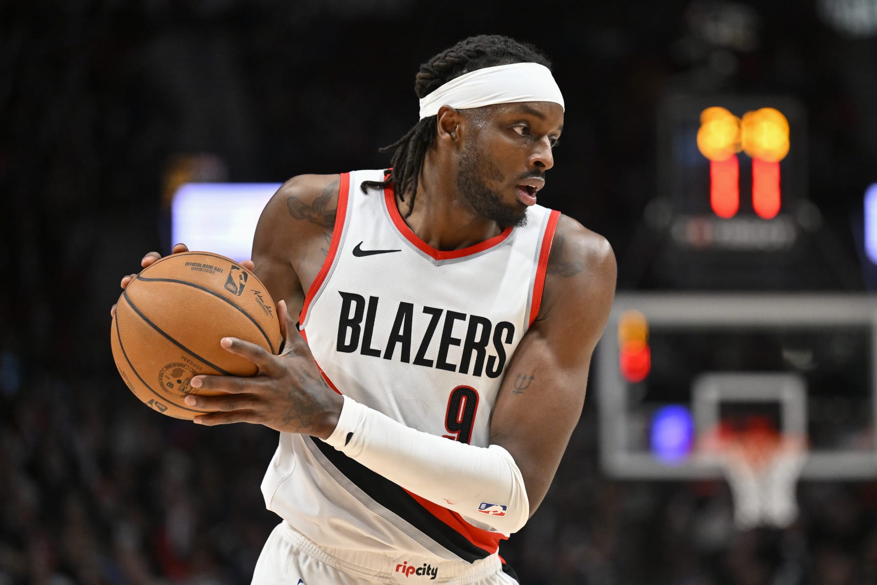 PORTLAND, OREGON - JANUARY 19: Jerami Grant #9 of the Portland Trail Blazers in action during the third quarter of the game against the Indiana Pacers at the Moda Center on January 19, 2024 in Portland, Oregon. The Portland Trail Blazers won 118-115. NOTE TO USER: User expressly acknowledges and agrees that, by downloading and or using this photograph, User is consenting to the terms and conditions of the Getty Images License Agreement. (Photo by Alika Jenner/Getty Images)