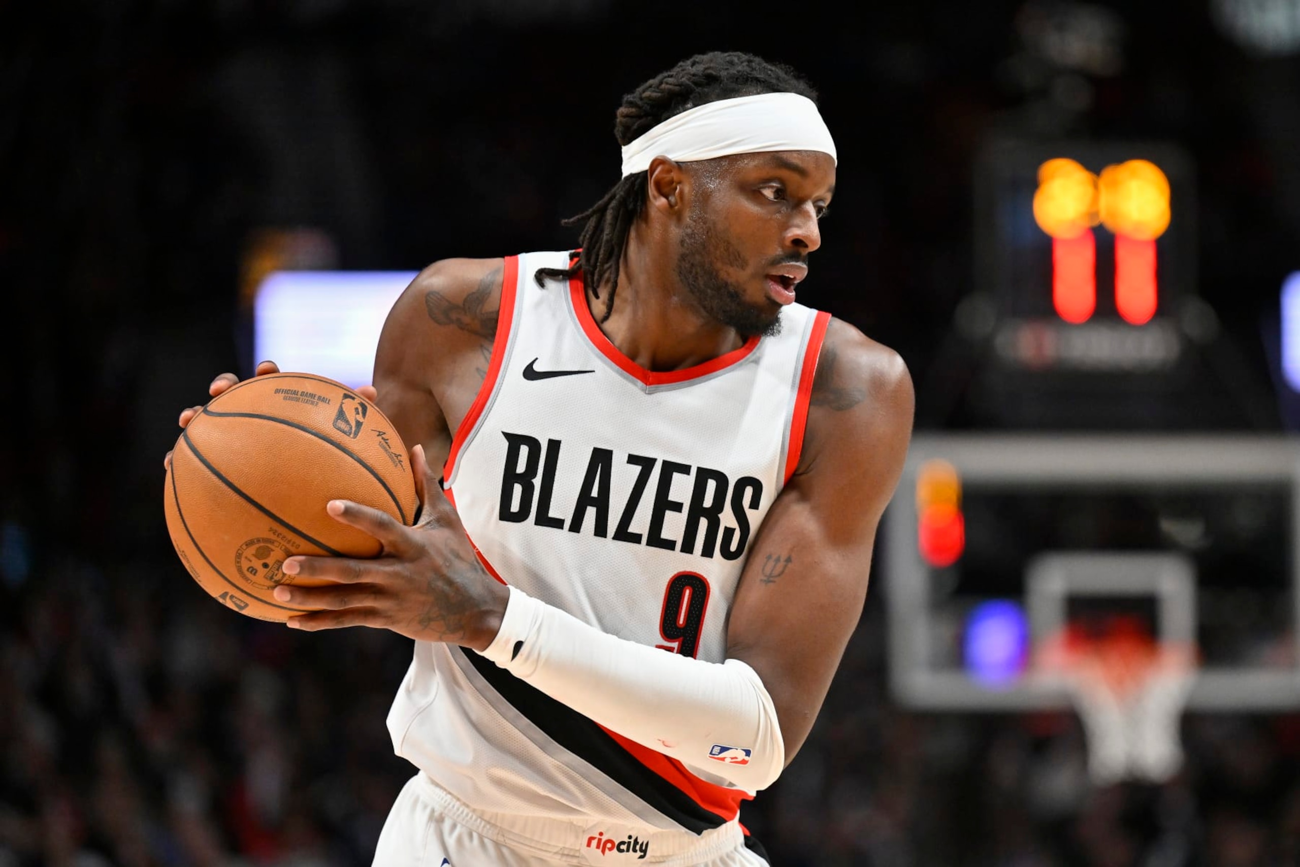 PORTLAND, OREGON - JANUARY 19: Jerami Grant #9 of the Portland Trail Blazers in action during the third quarter of the game against the Indiana Pacers at the Moda Center on January 19, 2024 in Portland, Oregon. The Portland Trail Blazers won 118-115. NOTE TO USER: User expressly acknowledges and agrees that, by downloading and or using this photograph, User is consenting to the terms and conditions of the Getty Images License Agreement. (Photo by Alika Jenner/Getty Images)