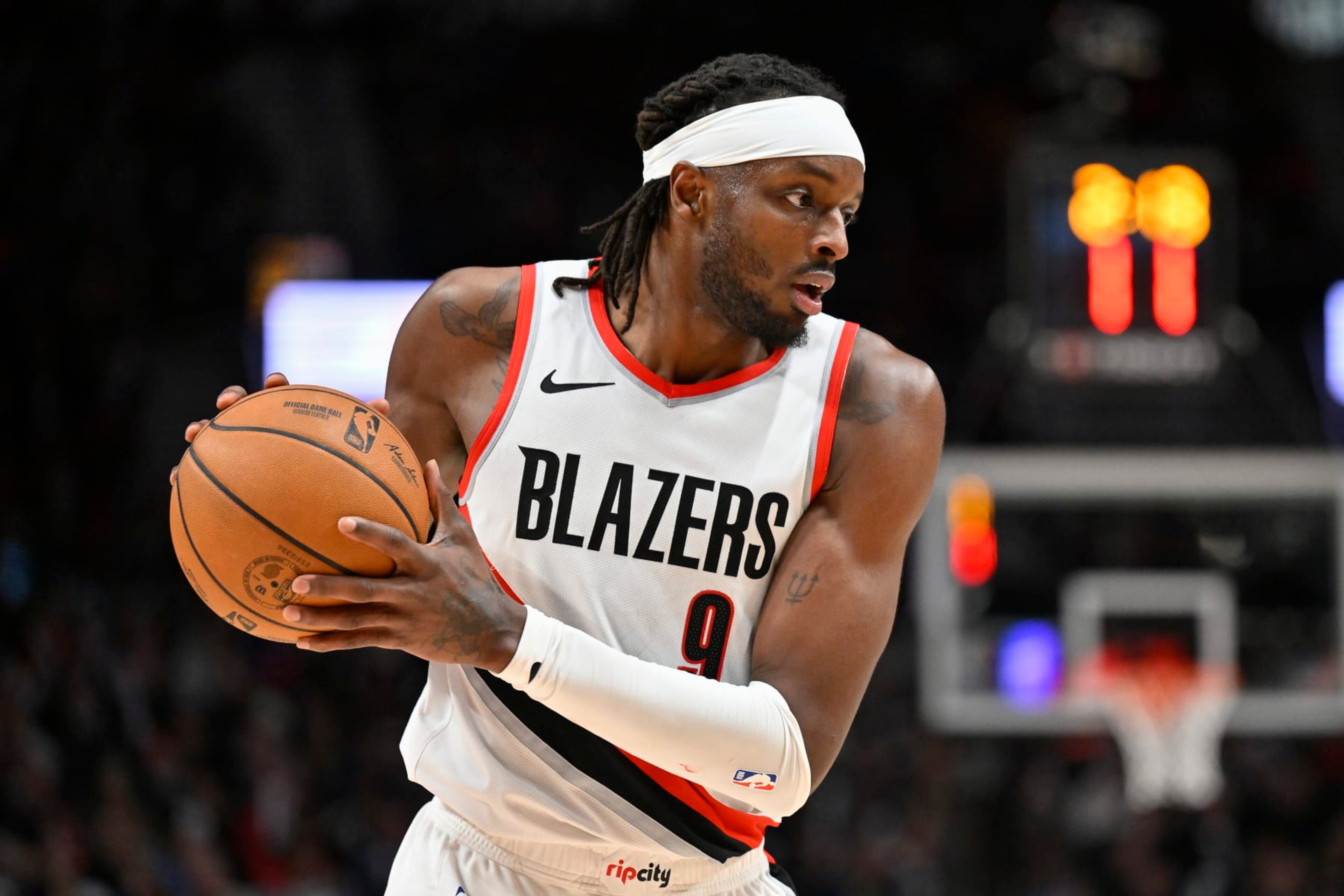 PORTLAND, OREGON - JANUARY 19: Jerami Grant #9 of the Portland Trail Blazers in action during the third quarter of the game against the Indiana Pacers at the Moda Center on January 19, 2024 in Portland, Oregon. The Portland Trail Blazers won 118-115. NOTE TO USER: User expressly acknowledges and agrees that, by downloading and or using this photograph, User is consenting to the terms and conditions of the Getty Images License Agreement. (Photo by Alika Jenner/Getty Images)