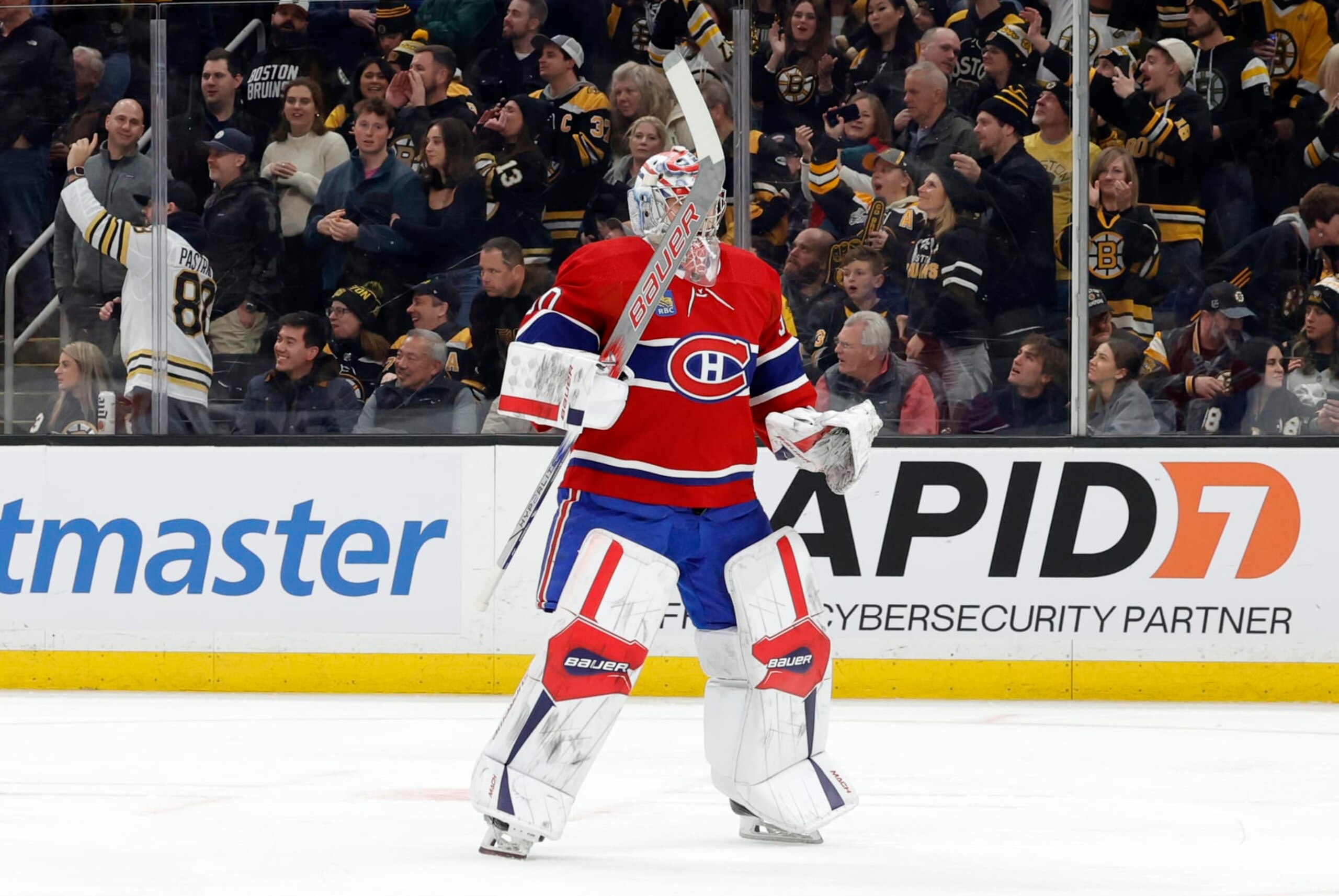 BOSTON, MA - JANUARY 20: Montreal Canadiens goalie Cayden Primeau (30) enters the game during a game between the Boston Bruins and the Montreal Canadiens on January 20, 2024, at TD Garden in Boston, Massachusetts. (Photo by Fred Kfoury III/Icon Sportswire via Getty Images)
