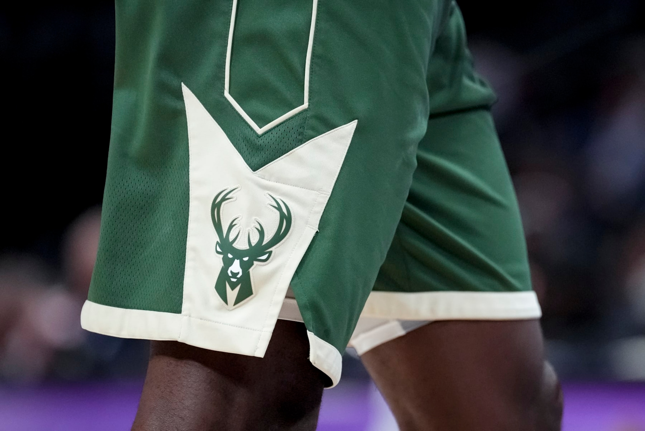 DETROIT, MICHIGAN - MARCH 27: The Milwaukee Bucks logo is pictured on a uniform during the game against the Detroit Pistons at Little Caesars Arena on March 27, 2023 in Detroit, Michigan. NOTE TO USER: User expressly acknowledges and agrees that, by downloading and or using this photograph, User is consenting to the terms and conditions of the Getty Images License Agreement. (Photo by Nic Antaya/Getty Images)