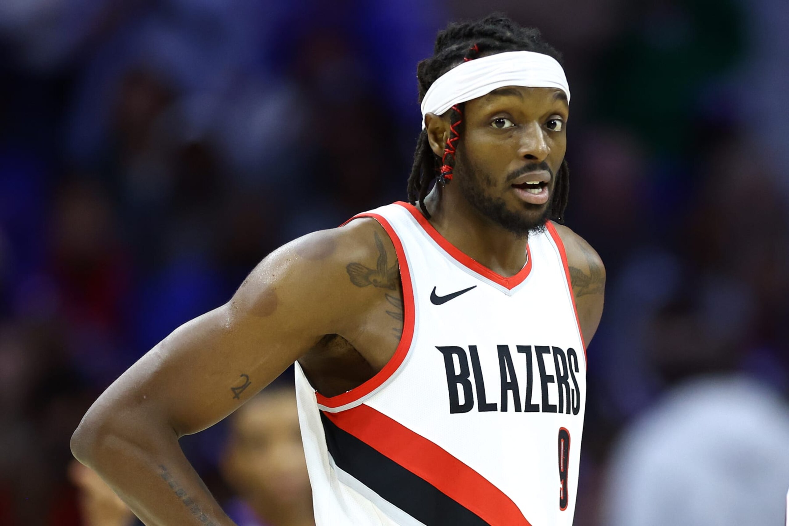 PHILADELPHIA, PENNSYLVANIA - OCTOBER 29: Jerami Grant #9 of the Portland Trail Blazers looks on during the second quarter against the Philadelphia 76ers at Wells Fargo Center on October 29, 2023 in Philadelphia, Pennsylvania. NOTE TO USER: User expressly acknowledges and agrees that, by downloading and or using this photograph, User is consenting to the terms and conditions of the Getty Images License Agreement. (Photo by Tim Nwachukwu/Getty Images)