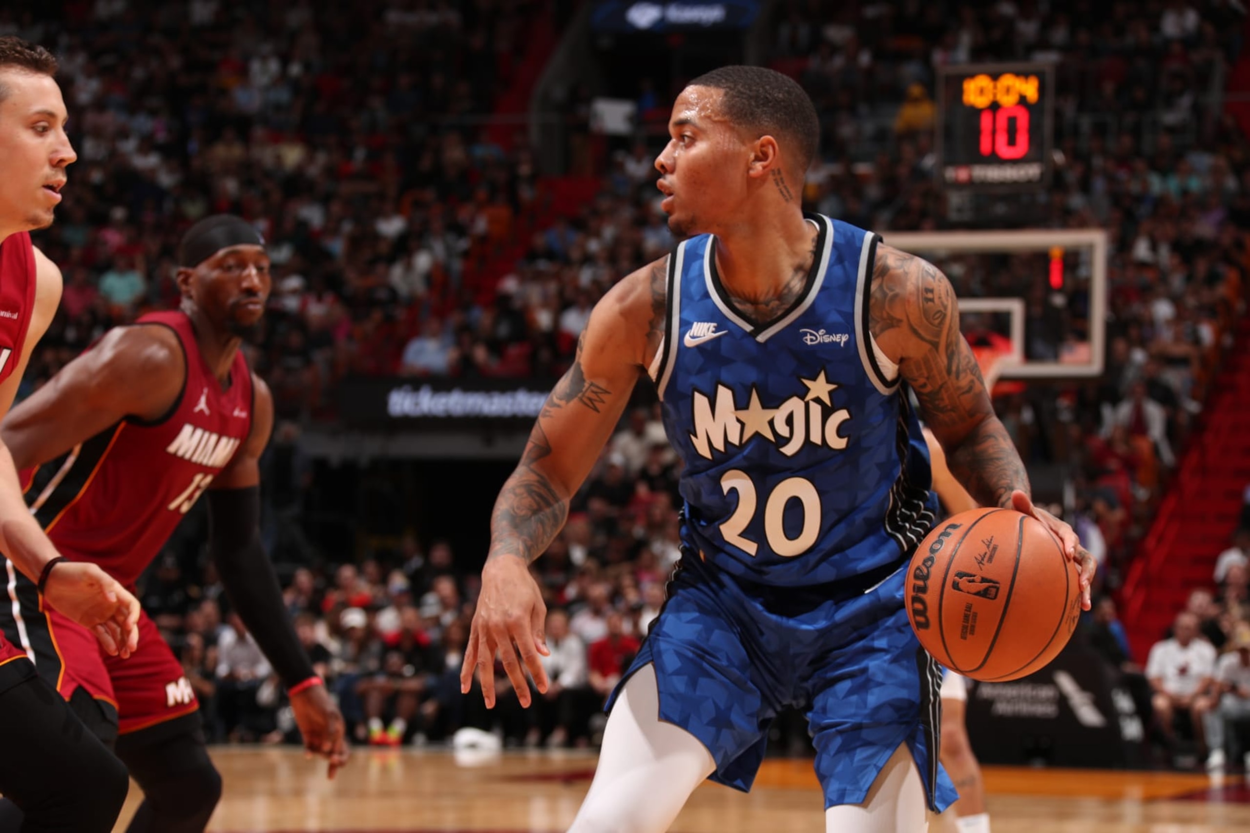 MIAMI, FL - JANUARY 12: Markelle Fultz #20 of the Orlando Magic handles the ball during the game against the Miami Heat on January 12, 2024 NBAE at Kaseya Center in Miami, Florida. NOTE TO USER: User expressly acknowledges and agrees that, by downloading and or using this Photograph, user is consenting to the terms and conditions of the Getty Images License Agreement. Mandatory Copyright Notice: Copyright 2024 NBAE (Photo by Issac Baldizon/NBAE via Getty Images)